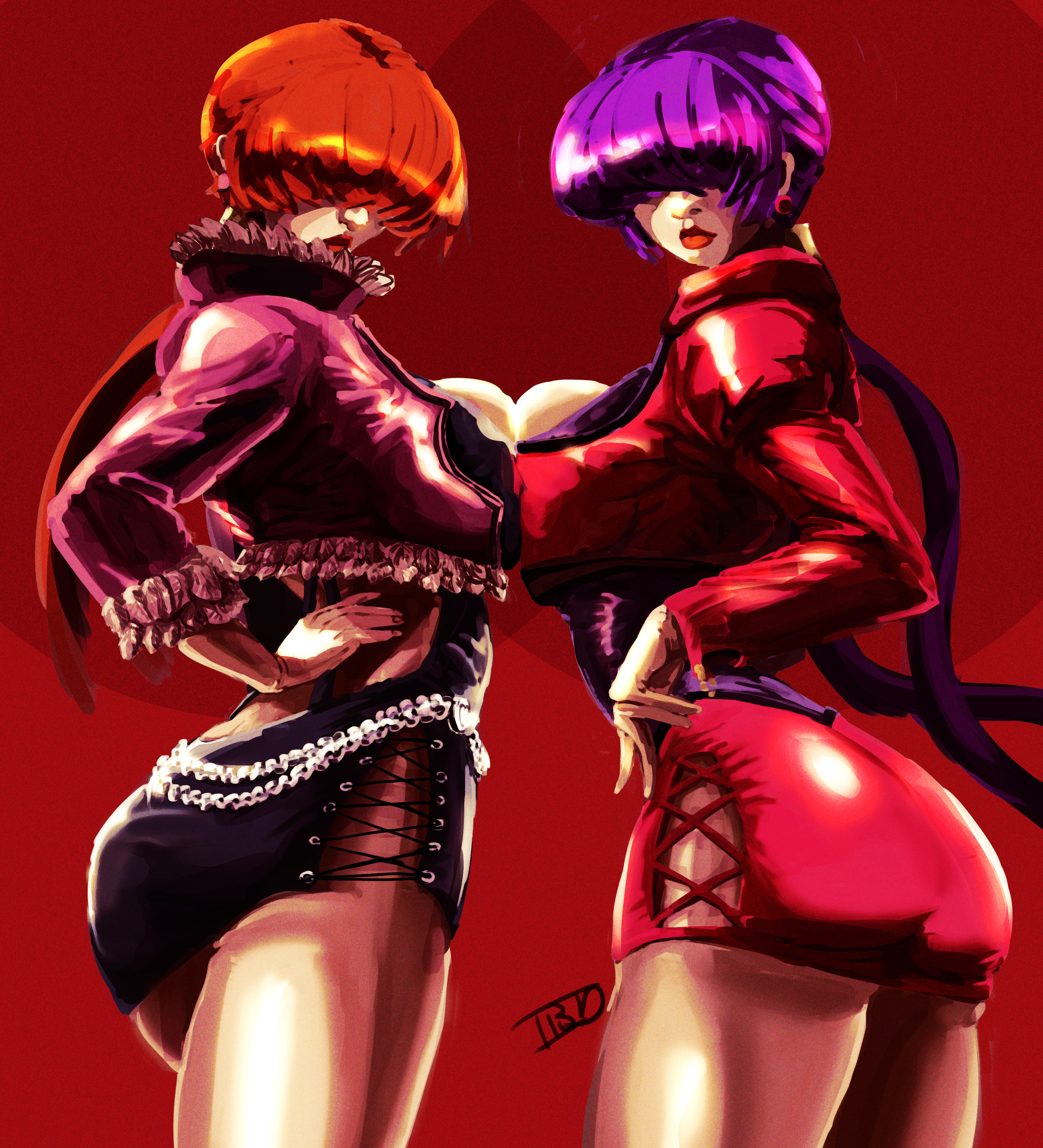 ibdinosaur, orochi shermie, shermie (kof), the king of fighters, 1girl, ass, breast press, breasts, breasts squeezed together, coat, curvy, dress, earrings, female focus, fishnets, fluffy, from behind, huge ass, huge breasts, jacket, jewelry, large breasts, long hair, looking at viewer, looking back, ponytail, purple hair, red hair, skirt, standing, thick thighs, thighs, tight clothes, tight dress, twintails, wide hips