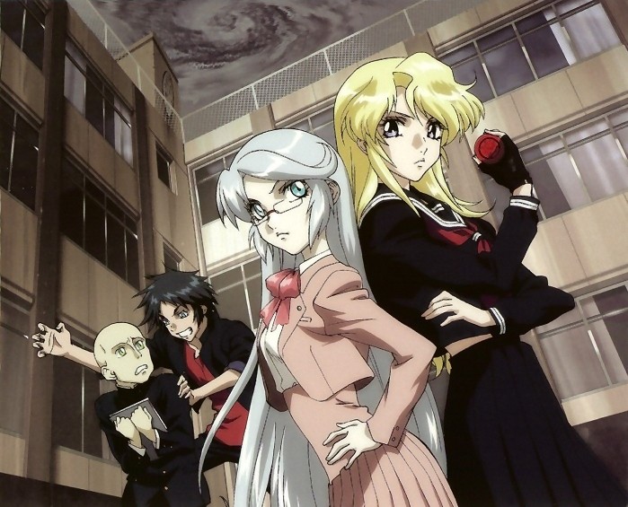 age (heroic age), deianeira, mehitaka bore, yuti ra, heroic age, official art, 00s, 2boys, 2girls, alternate costume, blonde hair, character age, contemporary, glasses, multiple boys, multiple girls, school, school uniform, serafuku, yutii ra