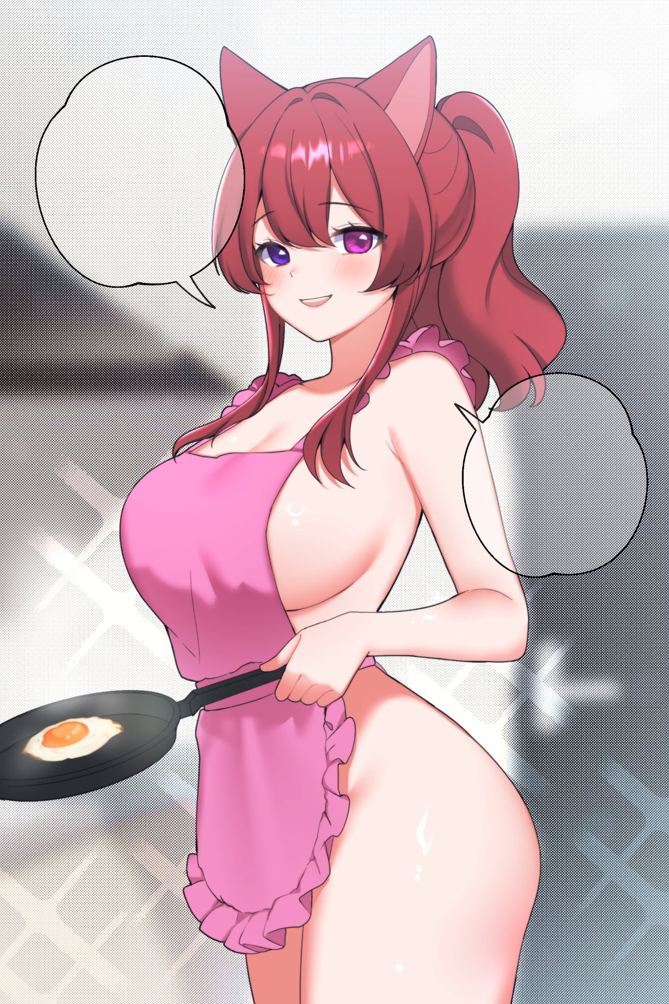fyirkingdomsis, pinky mikaori, indie virtual youtuber, highres, second-party source, 1girl, animal ears, blush, breasts, cat ears, fried egg, frying pan, gift art, hair between eyes, heterochromia, holding, holding frying pan, large breasts, long hair, looking at viewer, nude, open mouth, overalls, pink eyes, pink overalls, purple eyes, red hair, speech bubble, virtual youtuber