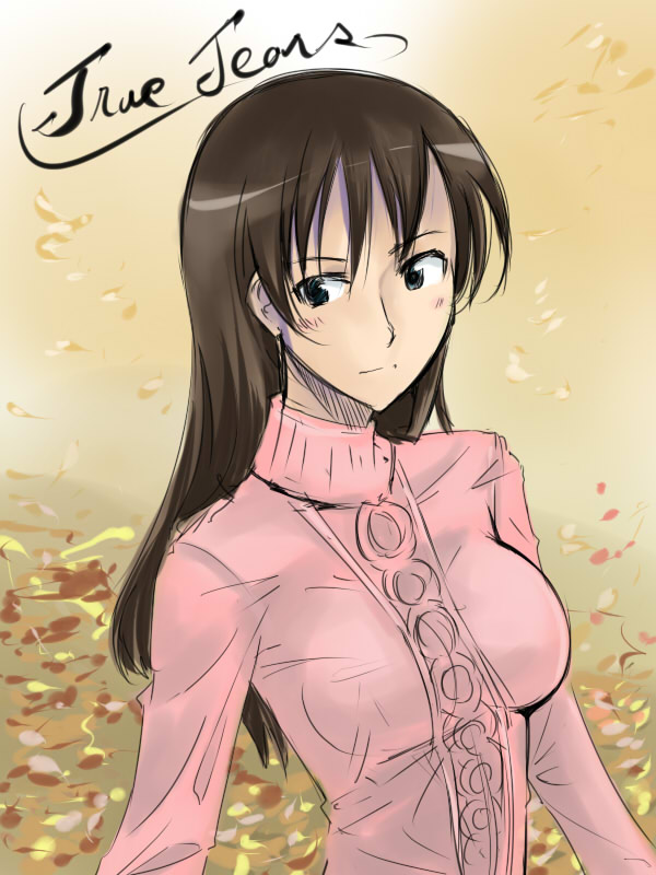 cosaten, yuasa hiromi, true tears, 00s, 1girl, autumn leaves, black eyes, breasts, brown hair, closed mouth, copyright name, female focus, large breasts, leaf, long hair, long sleeves, looking at viewer, looking back, outdoors, smile, solo, sweater, upper body