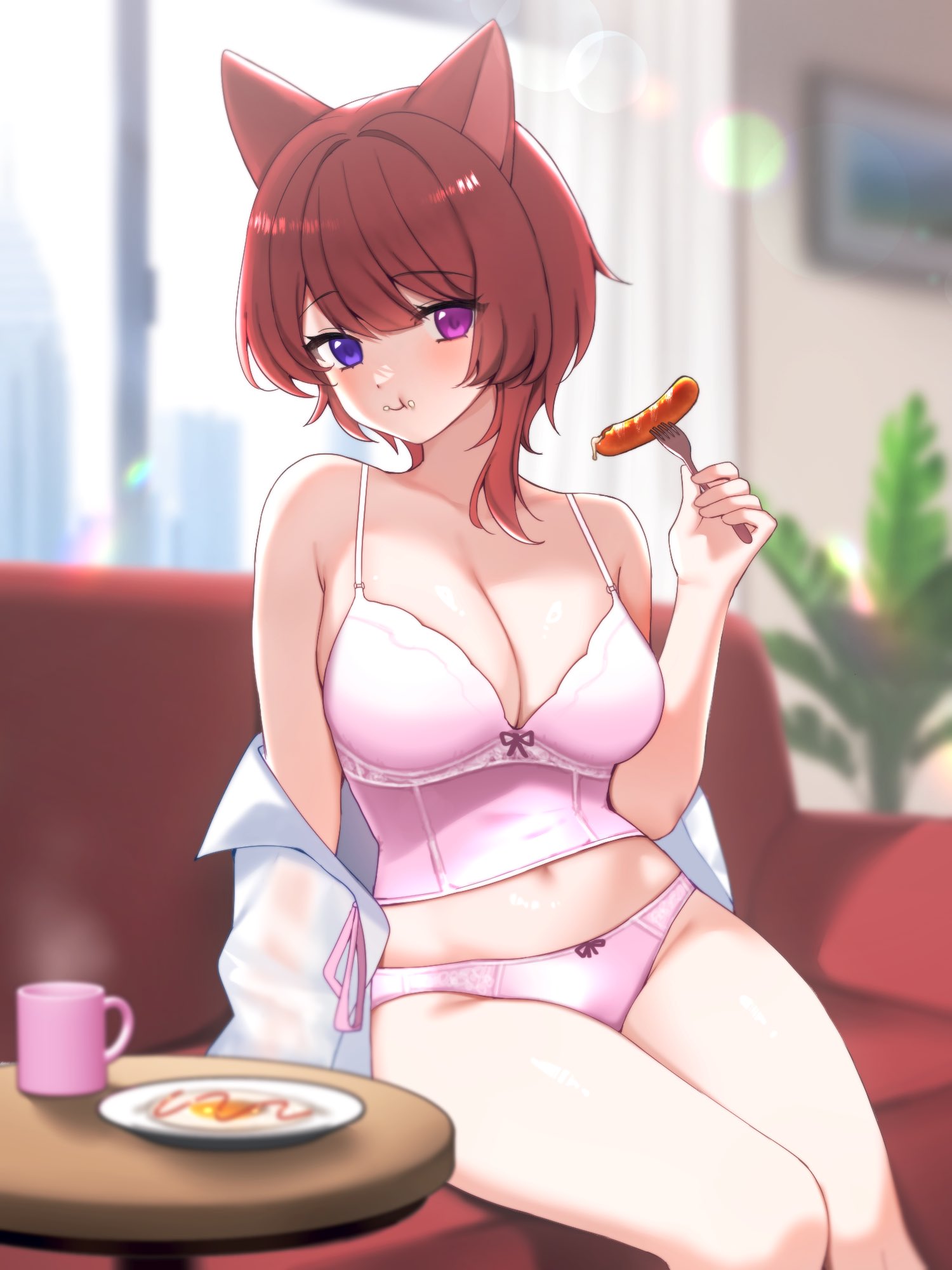 fyirkingdomsis, pinky mikaori, indie virtual youtuber, highres, second-party source, 1girl, :t, animal ears, bra, breasts, cat ears, closed mouth, couch, crop top, cup, eating, food, fork, fried egg, gift art, hair between eyes, heterochromia, holding, holding fork, long hair, looking at viewer, medium breasts, navel, on couch, panties, pink bra, pink eyes, pink panties, plate, purple eyes, red hair, sausage, stomach, underwear, virtual youtuber