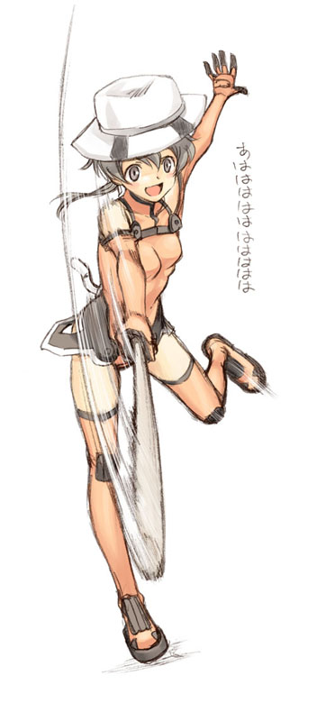 satou atsuki, sonomiya karen, sky girls, pilot suit, swinging, 00s, 1girl, :d, bare shoulders, baseball bat, blush, bokken, boots, breasts, bucket hat, elbow gloves, female focus, full body, gloves, grey eyes, grey hair, halterneck, happy, hat, holding, leg lift, leotard, looking at viewer, low twintails, mecha pilot suit, motion blur, motion slit, motionslit, open mouth, orange boots, orange gloves, orange thighhighs, outstretched arms, simple background, small breasts, smile, solo, standing, standing on one leg, sword, thigh boots, thighhighs, turtleneck, twintails, weapon, white background, white hat, wooden sword