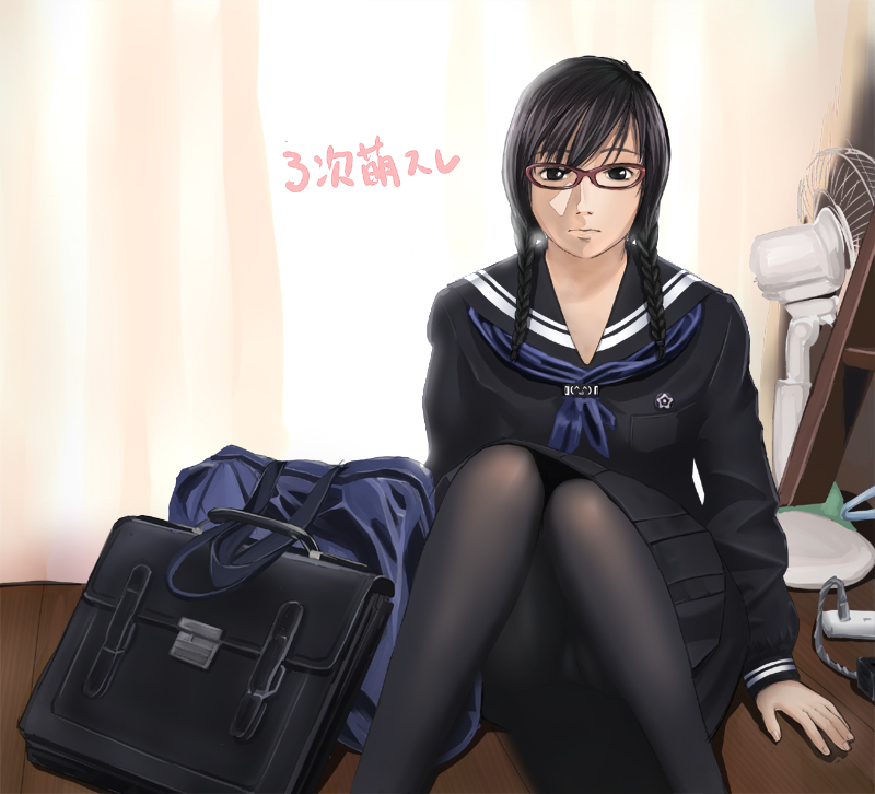 roony, original, 1girl, female focus, glasses, panties, panties under pantyhose, pantyhose, school uniform, serafuku, solo, underwear