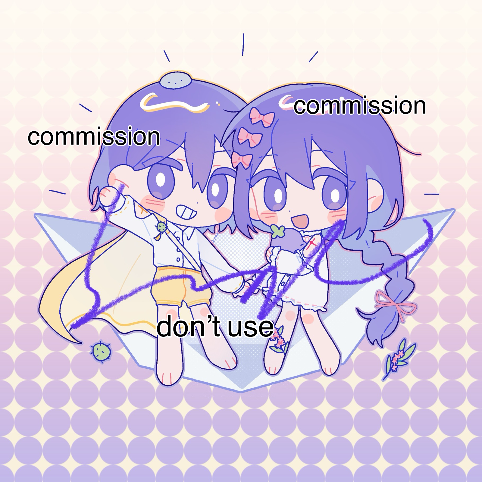 hrsw mz, aubrey (headspace) (omori), aubrey (omori), hector (omori), kel (headspace) (omori), kel (omori), mr. plantegg (omori), omori, chinese commentary, commentary request, commission, highres, 1boy, 1girl, :d, alternate costume, alternate hairstyle, bare legs, bare shoulders, barefoot, bow, braid, braided ponytail, buttons, cactus, cape, clothing cutout, collared shirt, colored eyelashes, cross tattoo, dot nose, double-parted bangs, dress, fewer digits, flower, frilled dress, frilled sleeves, frills, full body, gladiolus, gradient background, gradient outline, grin, hair behind ear, hair between eyes, hair bow, hair ribbon, halftone, hand up, holding, holding hands, holding stuffed toy, knees together feet apart, long hair, long sleeves, looking at viewer, neck ribbon, open mouth, outline, pink background, pink bow, pink flower, pink outline, pink ribbon, puffy long sleeves, puffy shorts, puffy sleeves, purple background, ribbon, rock, shirt, shirt tucked in, shorts, shoulder cutout, shoulder tattoo, sidelocks, simple background, single braid, smile, sparkle background, standing, stuffed eggplant, stuffed toy, tattoo, very long hair, white dress, white shirt, yellow background, yellow cape, yellow outline, yellow shorts
