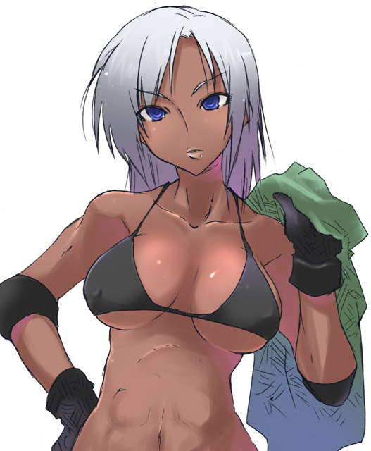 akane yuki, vanessa lewis, sega, virtua fighter, silver hair, 1girl, abs, bikini, bikini top only, black bikini, blue eyes, breasts, dark-skinned female, dark skin, elbow pads, female focus, gloves, hand on own hip, large breasts, muscular, navel, solo, swimsuit, toned, toned female, towel, underboob, white background
