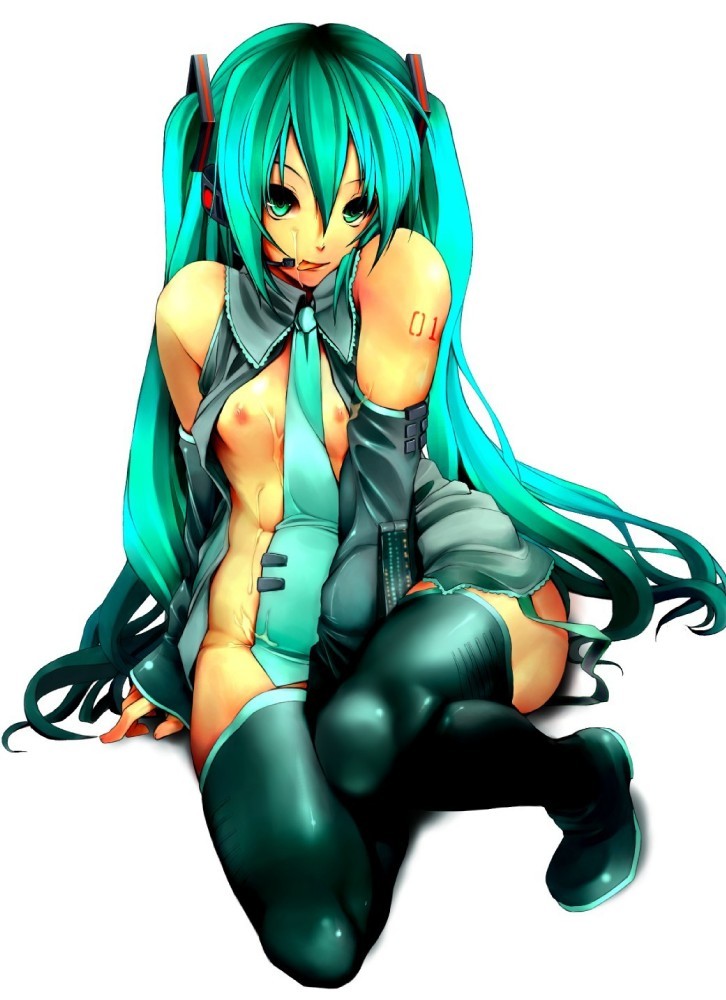 akahoshi kenji, hatsune miku, vocaloid, 1girl, aqua eyes, aqua hair, aqua necktie, breasts, cum, detached sleeves, female focus, long hair, medium breasts, necktie, nipples, open clothes, solo, thighhighs, tongue, twintails, very long hair