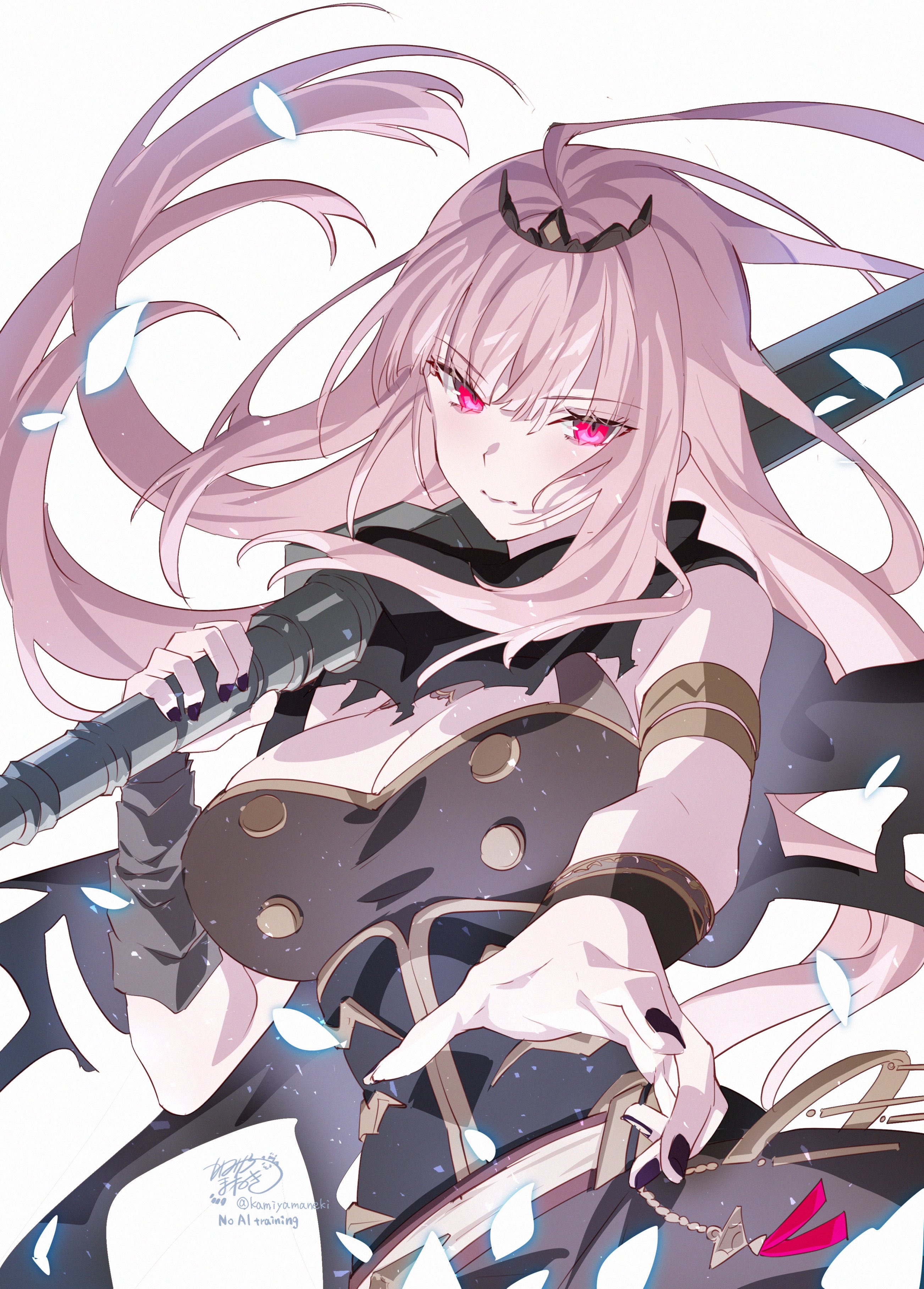kamiya maneki, mori calliope, mori calliope (1st costume), hololive, hololive english, absurdres, highres, 1girl, black cape, black dress, black tiara, breasts, cape, cleavage, detached sleeves, dress, holding, holding scythe, jewelry, large breasts, long hair, looking at viewer, pink eyes, pink hair, red eyes, scythe, shoulder spikes, single detached sleeve, solo, spiked cape, spikes, tiara, veil, virtual youtuber