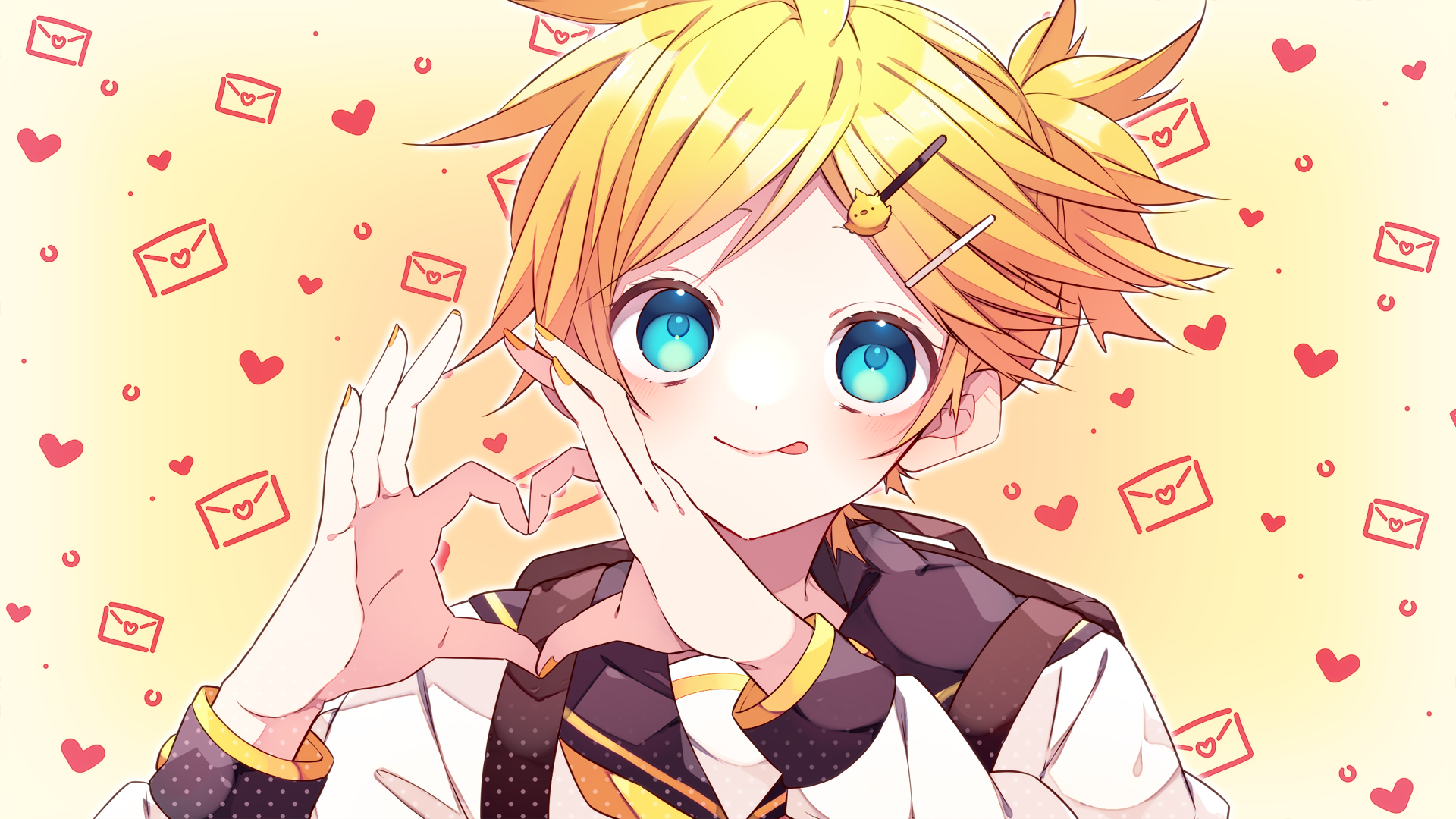 kaho 0102, kagamine len, vocaloid, commentary request, highres, 1girl, :p, backpack, bag, black sailor collar, blonde hair, blue eyes, blush, closed mouth, four-finger heart hands, hair ornament, hairclip, heart, heart hands, long sleeves, looking at viewer, male focus, outline, parallel hairclips, portrait, sailor collar, shirt, short hair, smile, solo, tongue, tongue out, white outline, white shirt, yellow background