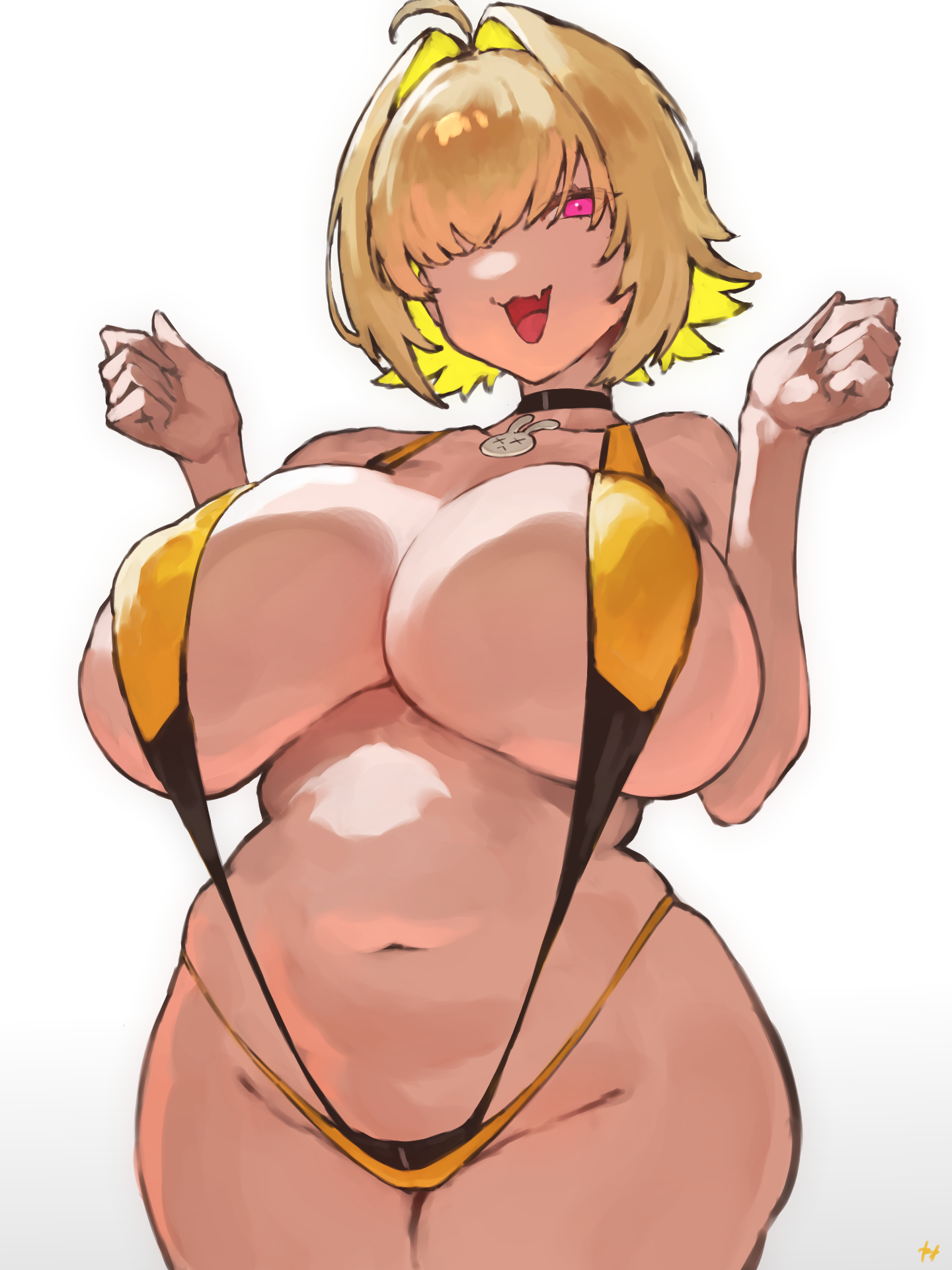 fukuya art, elegg (boom and shock) (nikke), elegg (nikke), goddess of victory: nikke, commentary request, highres, 1girl, :3, :d, ahoge, artist name, bare arms, bare shoulders, black choker, black slingshot swimsuit, blonde hair, breasts, choker, clenched hands, collarbone, colored inner hair, covered erect nipples, cowboy shot, fang, gradient background, grey background, groin, hair intakes, hair over one eye, hands up, huge breasts, looking at viewer, multicolored hair, navel, official alternate costume, one eye covered, open mouth, pink eyes, short hair, skin fang, slingshot swimsuit, smile, solo, standing, stomach, swimsuit, two-tone hair, two-tone slingshot swimsuit, w arms, white background, yellow slingshot swimsuit