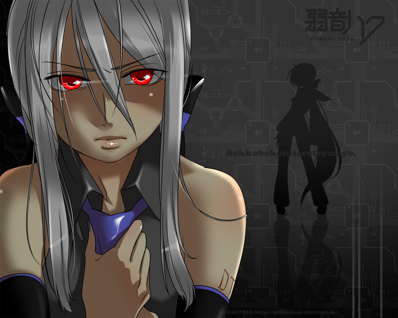 caffein, yowane haku, vocaloid, silver hair, 1girl, female focus, headphones, necktie, ponytail, red eyes, solo