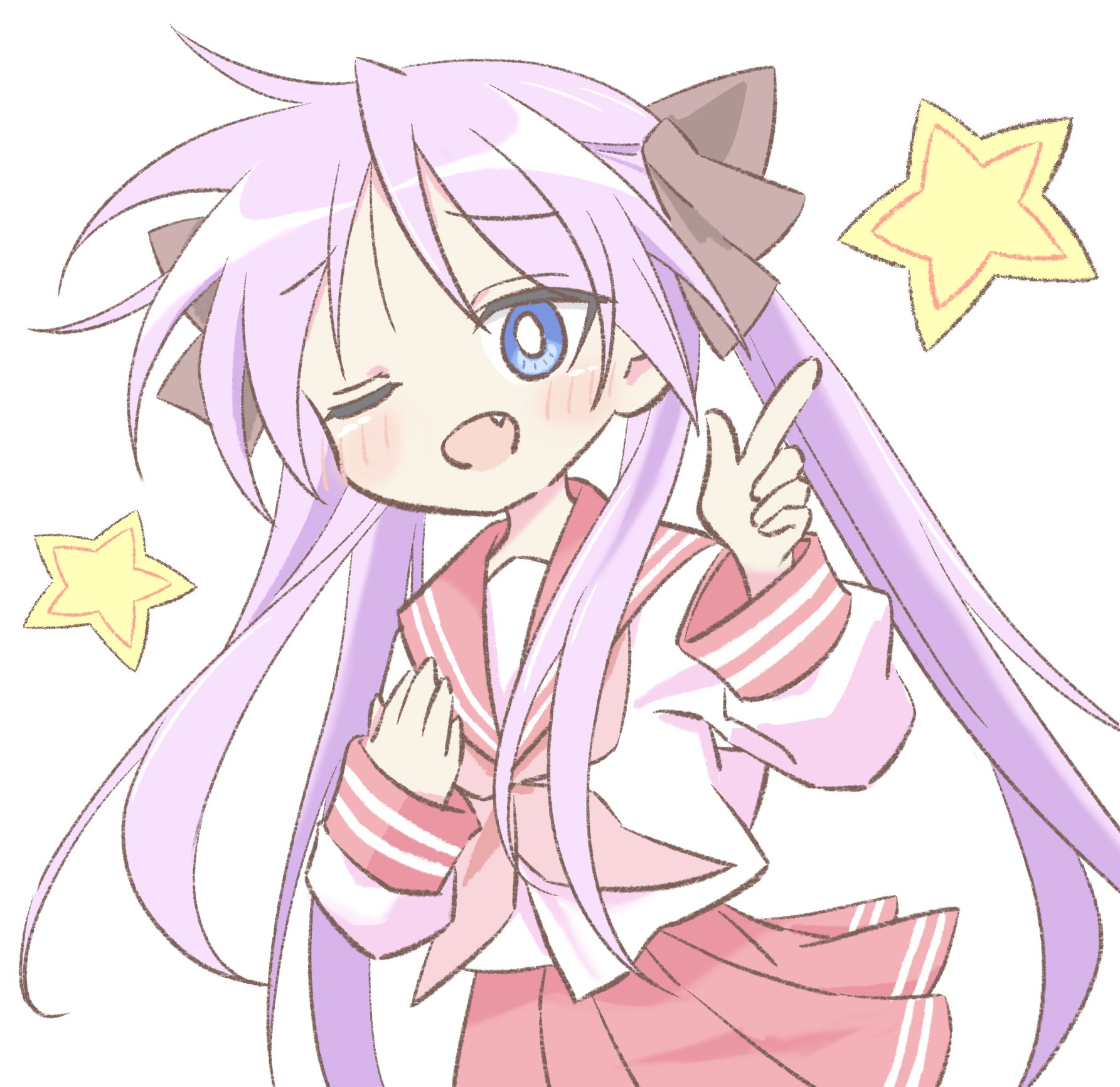 kmym97457689, hiiragi kagami, lucky star, highres, 1girl, :d, black bow, blue eyes, bow, fang, hair bow, hand on own chest, l hand, long hair, neckerchief, one eye closed, open mouth, pink neckerchief, pleated skirt, purple hair, skirt, smile, star (symbol), tsurime, twintails, white background