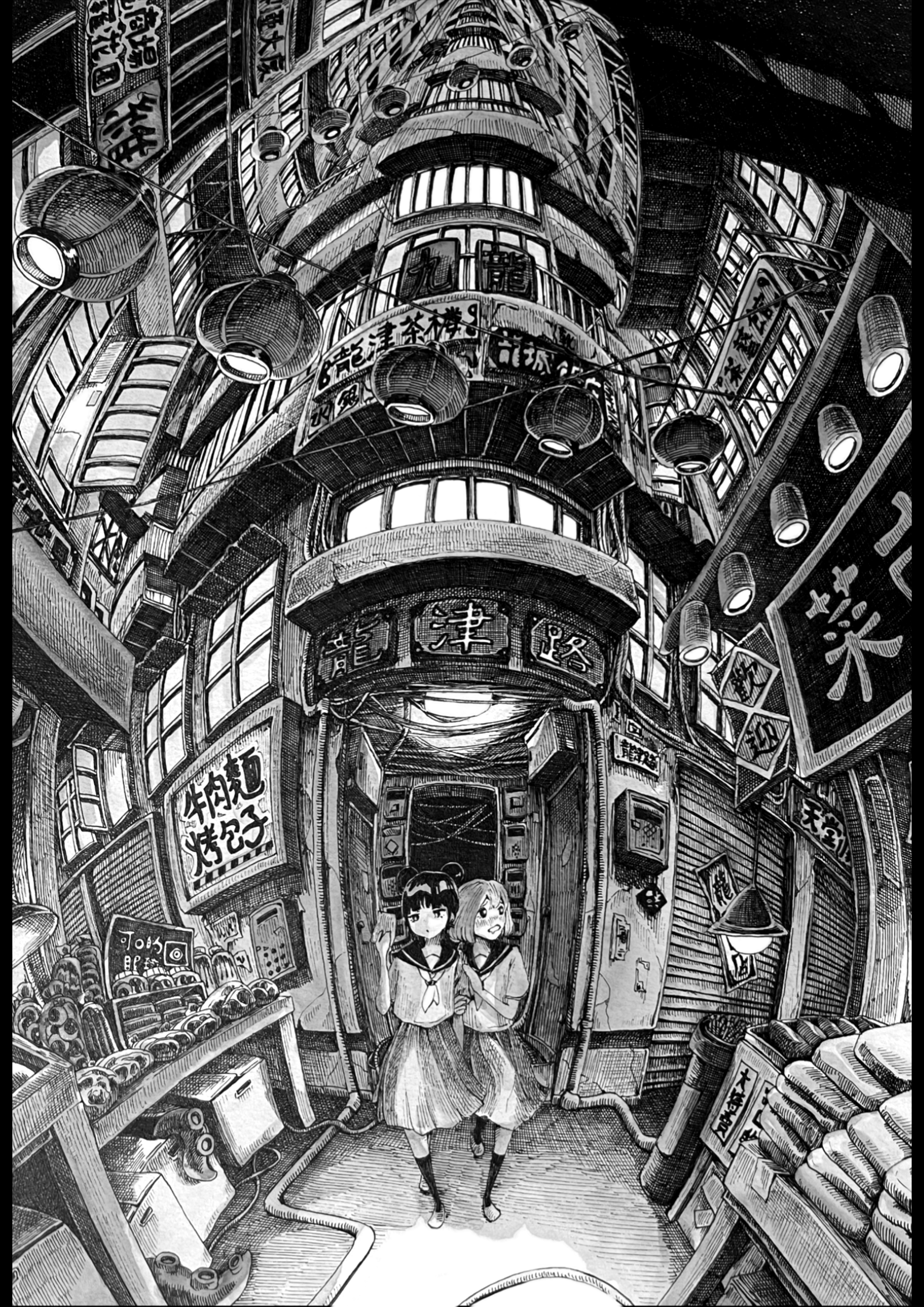 ibsukionsen, original, absurdres, commentary request, highres, 2girls, absurdly detailed composition, building, complex exterior, greyscale, landscape, lantern, monochrome, multiple girls, paper lantern, scenery, school uniform, security shutter, sign, sliding doors, window, yellow background