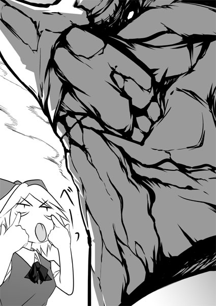 chado, cirno, touhou, 1girl, female focus, greyscale, monochrome, monster, solo