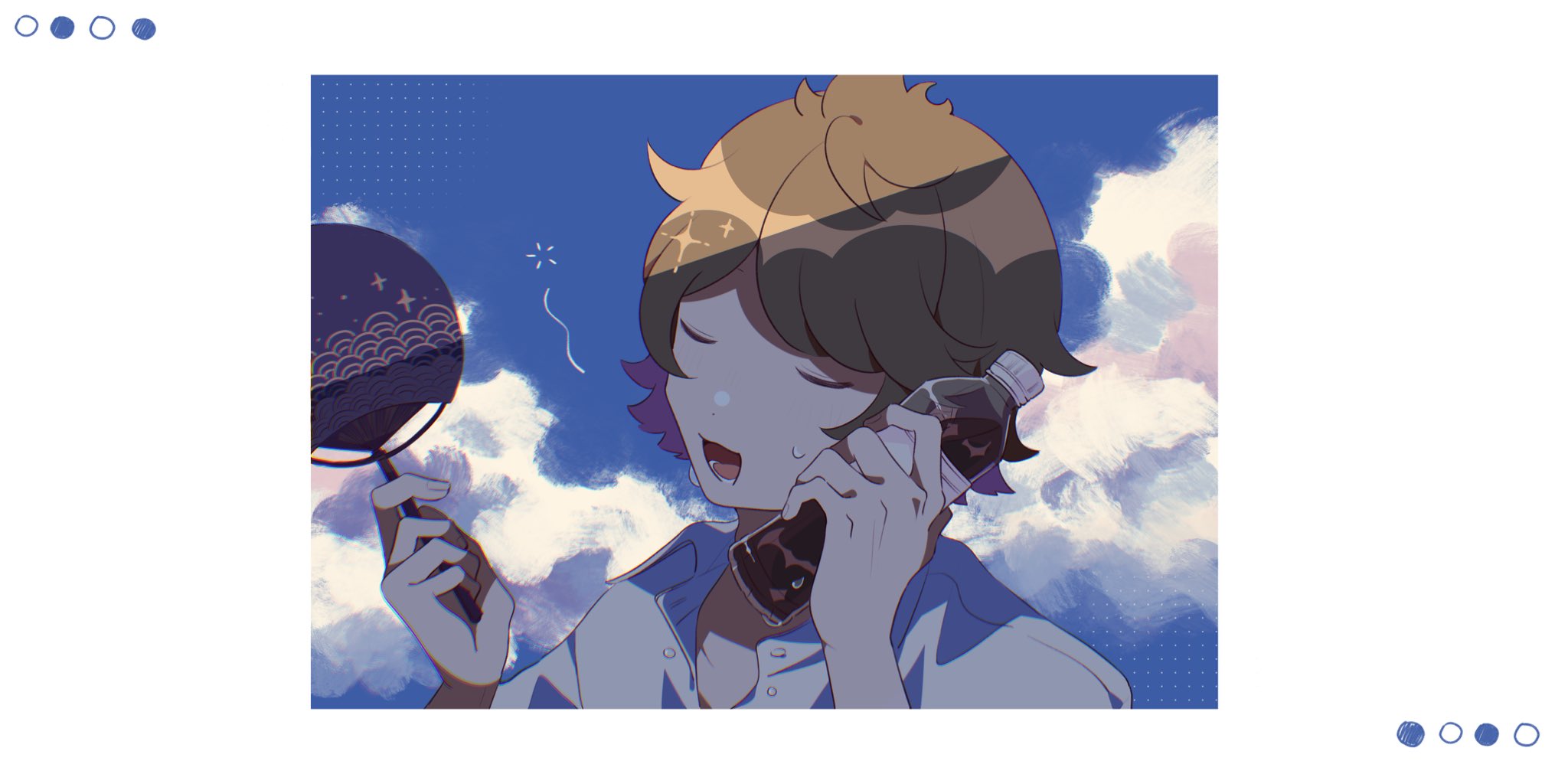 gamon yuuta, occultic;nine, science adventure, highres, 1boy, blue sky, blush, bottle, bottle to cheek, closed eyes, cloud, cola, day, enomotochano, hand fan, holding, holding bottle, holding fan, lower teeth only, male focus, open collar, open mouth, outdoors, shirt, short hair, sky, smile, solo, summer, sweat, sweatdrop, teeth, tongue, upper body