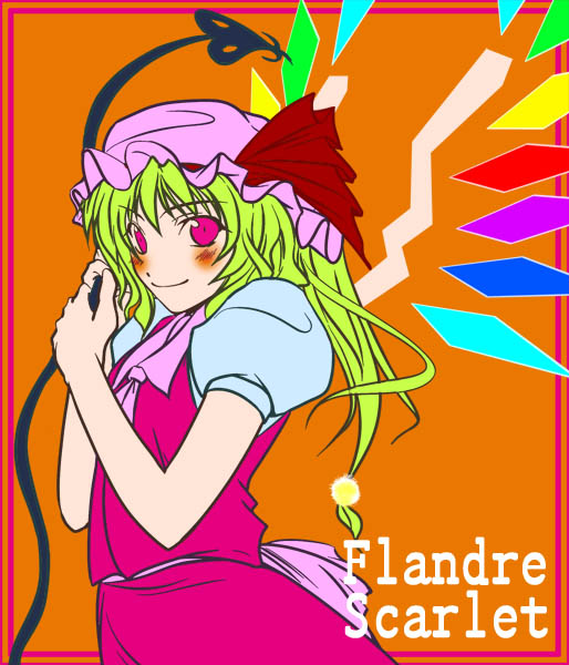 chado, flandre scarlet, touhou, jpeg artifacts, 1girl, blonde hair, blouse, character name, female focus, flat color, hat, laevatein, mob cap, orange background, pink eyes, pink hat, shirt, skirt, solo, white shirt, wings