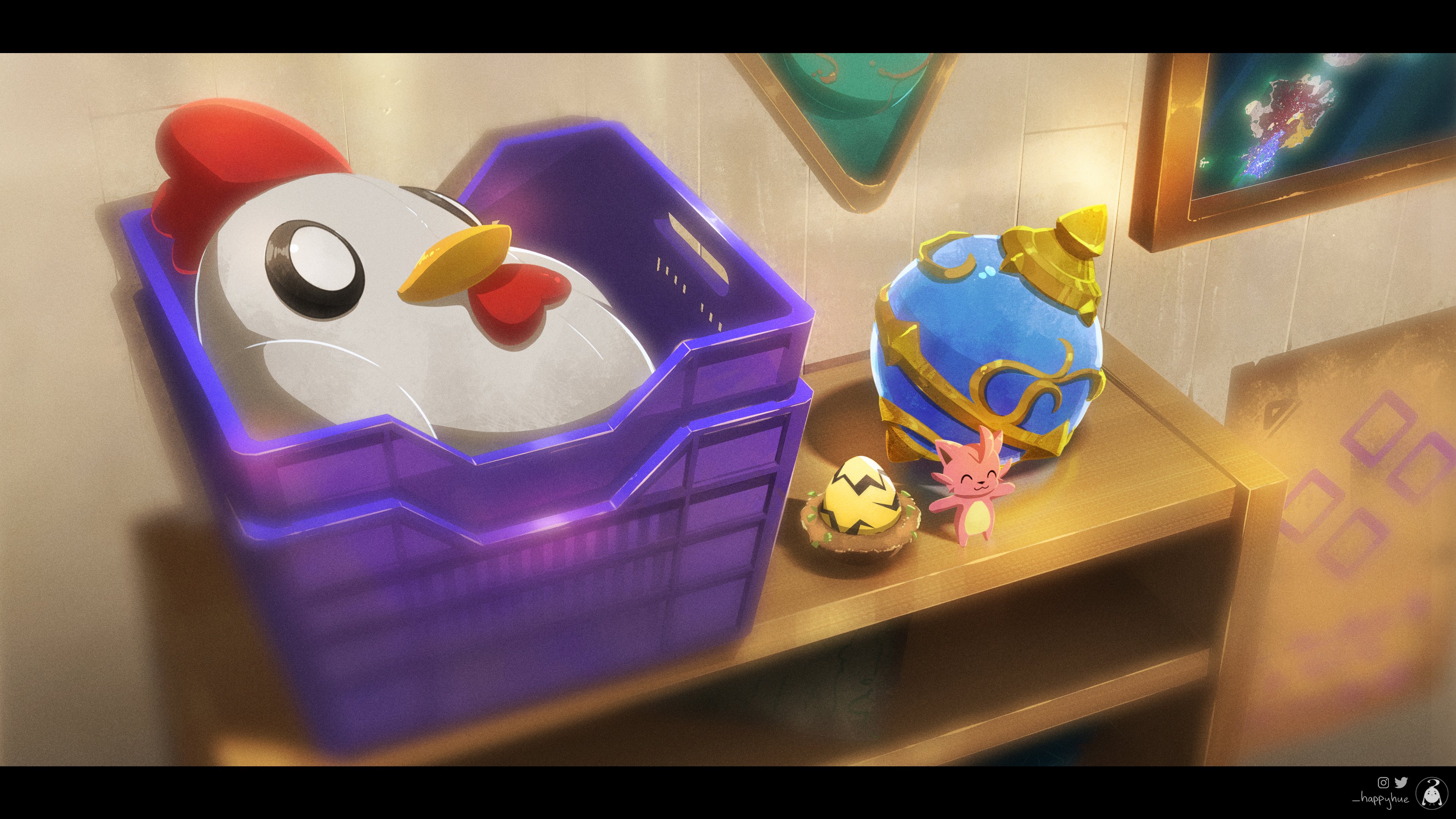 cattiva, chikipi, palworld, absurdres, highres, artist name, beak, happyhue, indoors, letterboxed, no humans, pal (creature), pal sphere
