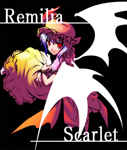 chado, remilia scarlet, touhou, >:), 1girl, bat wings, black background, character name, dress, female focus, frilled sleeves, frills, from behind, full body, hat, hat ribbon, invisible chair, leaning, looking at viewer, looking back, mob cap, pink dress, pink hat, puffy short sleeves, puffy sleeves, purple hair, red eyes, red ribbon, ribbon, short hair, short sleeves, simple background, sitting, solo, v-shaped eyebrows, wings, wrist cuffs
