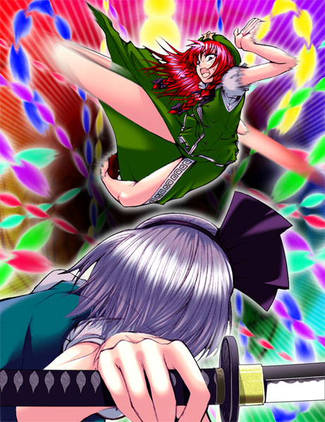 chado, hong meiling, konpaku youmu, immaterial and missing power, touhou, silver hair, 2girls, battle, beret, dress, female focus, fighting stance, from behind, green dress, hair ribbon, hairband, hat, holding, holding sword, holding weapon, katana, long hair, looking at viewer, multiple girls, puffy short sleeves, puffy sleeves, red hair, ribbon, short hair, short sleeves, star (symbol), sword, unsheathed, very long hair, weapon