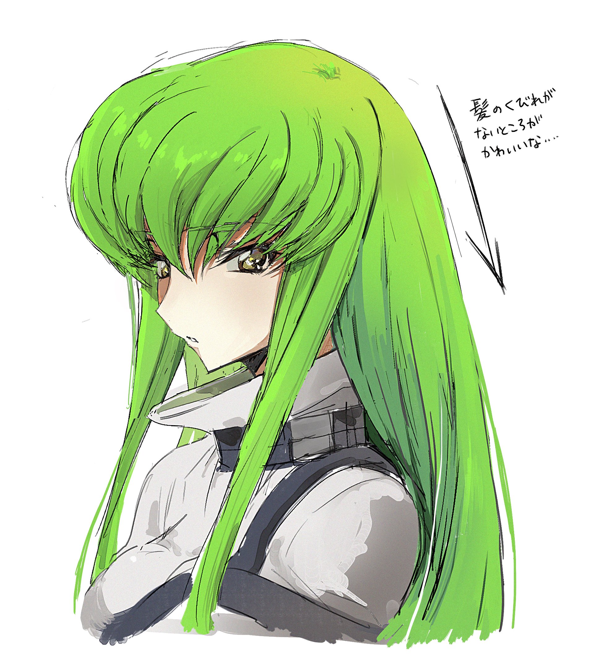 c.c., code geass, commentary request, highres, translation request, 1girl, 8de3wn, belt, black belt, bodysuit, green hair, long hair, looking at viewer, simple background, solo, white background, white bodysuit, yellow eyes