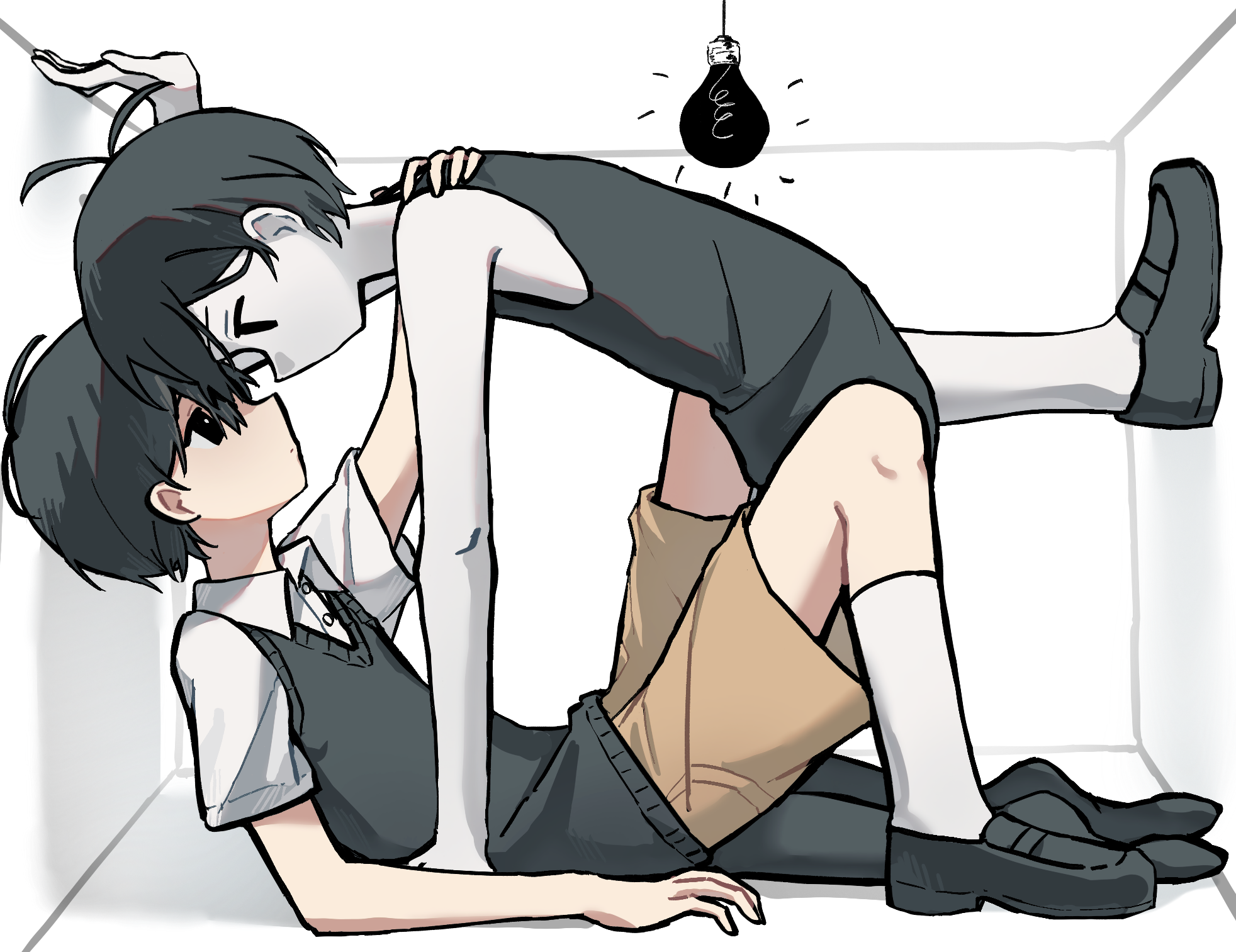 hrsw mz, omori (omori), sunny (omori), omori, chinese commentary, commentary request, highres, 2boys, antenna hair, arm support, arm up, bare arms, bare shoulders, black eyes, black hair, black shoes, black socks, black sweater vest, black tank top, boy on top, bright pupils, brown shorts, buttons, closed mouth, collared shirt, colored skin, dot mouth, dual persona, empty eyes, expressionless, face-to-face, from side, full body, hair behind ear, hair between eyes, hand on another's back, hunched over, kneehighs, kneeling, knees up, light bulb, loafers, male focus, multiple boys, no mouth, no pupils, no shoes, profile, shadow, shirt, shoes, short hair, short sleeves, shorts, simple background, sitting, socks, stuck in a box, sweater vest, tank top, very short hair, white background, white pupils, white shirt, white skin, white socks