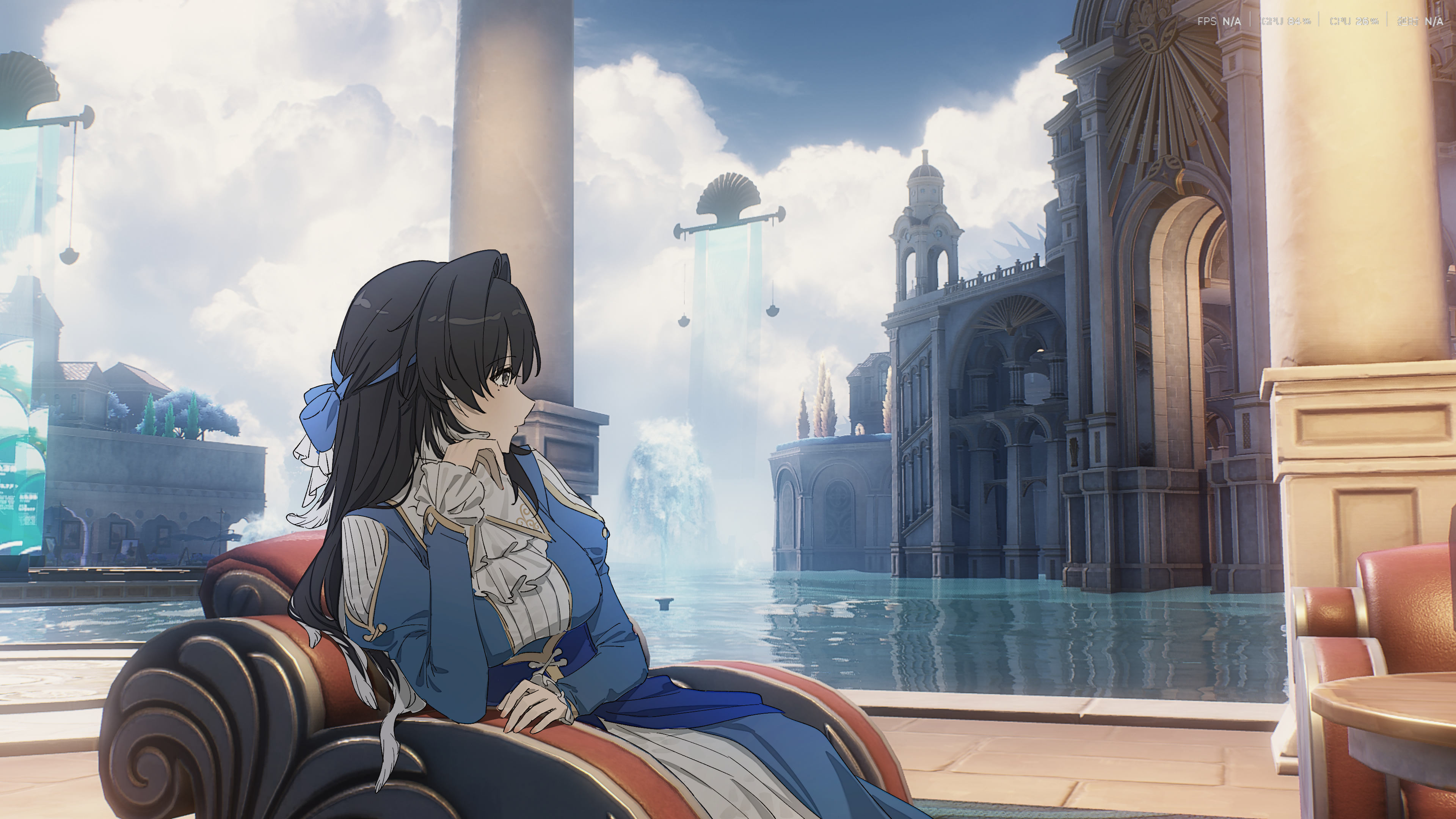 kohane kun, yangyang (wuthering waves), wuthering waves, absurdres, check clothing, chinese commentary, clothing request, commentary request, highres, 1girl, alternate costume, ascot, black eyes, black hair, blue bow, blue dress, bow, breasts, day, dress, feather hair, from side, game screenshot background, hair bow, hand up, layered dress, long hair, looking afar, medium breasts, mole, mole under eye, screenshot background, solo, white ascot, white dress