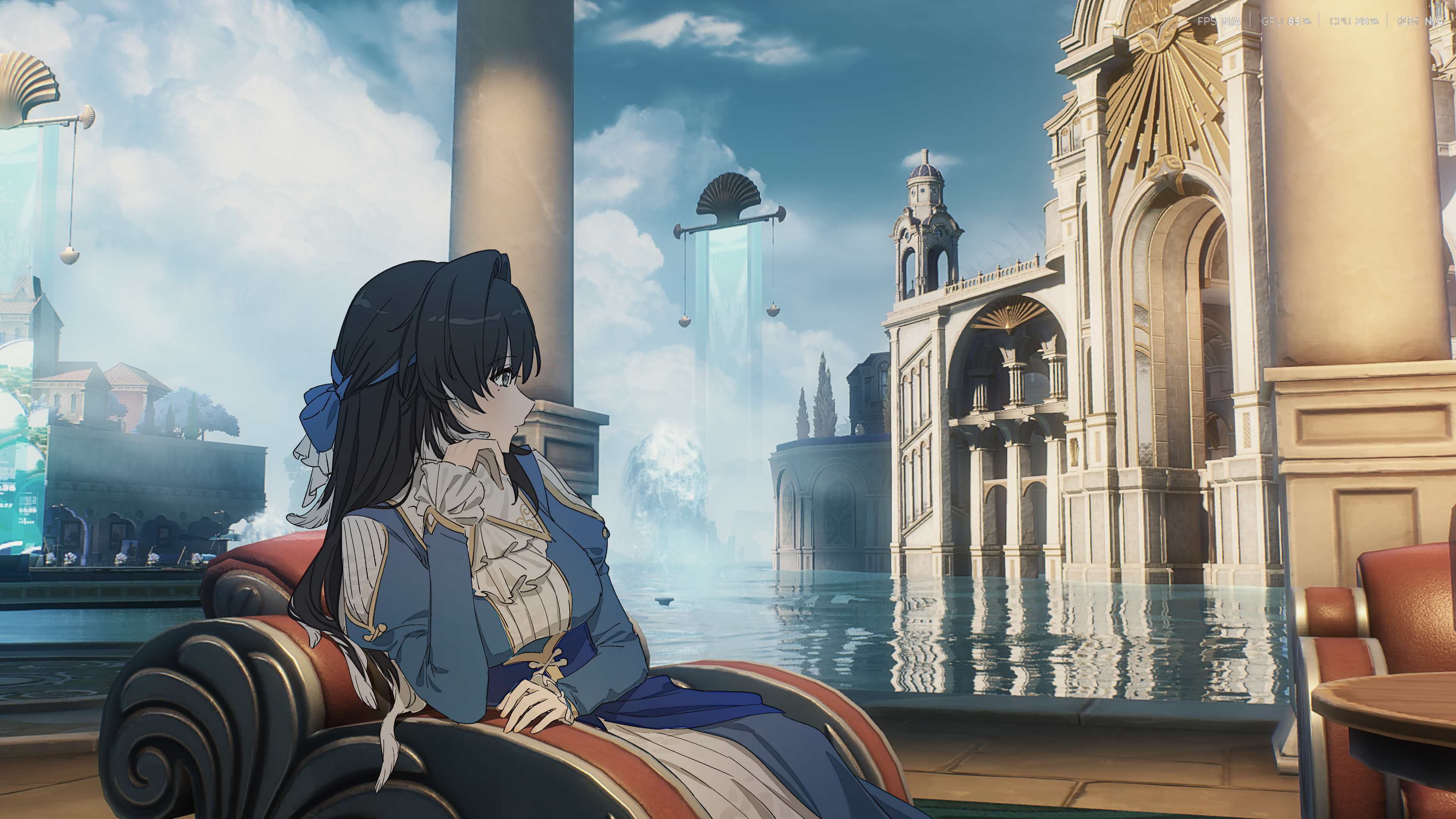 kohane kun, yangyang (wuthering waves), wuthering waves, absurdres, check clothing, chinese commentary, clothing request, commentary request, highres, 1girl, alternate costume, ascot, black eyes, black hair, blue bow, blue dress, bow, breasts, day, dress, feather hair, from side, game screenshot background, hair bow, hand up, layered dress, long hair, looking afar, medium breasts, mole, mole under eye, screenshot background, solo, white ascot, white dress