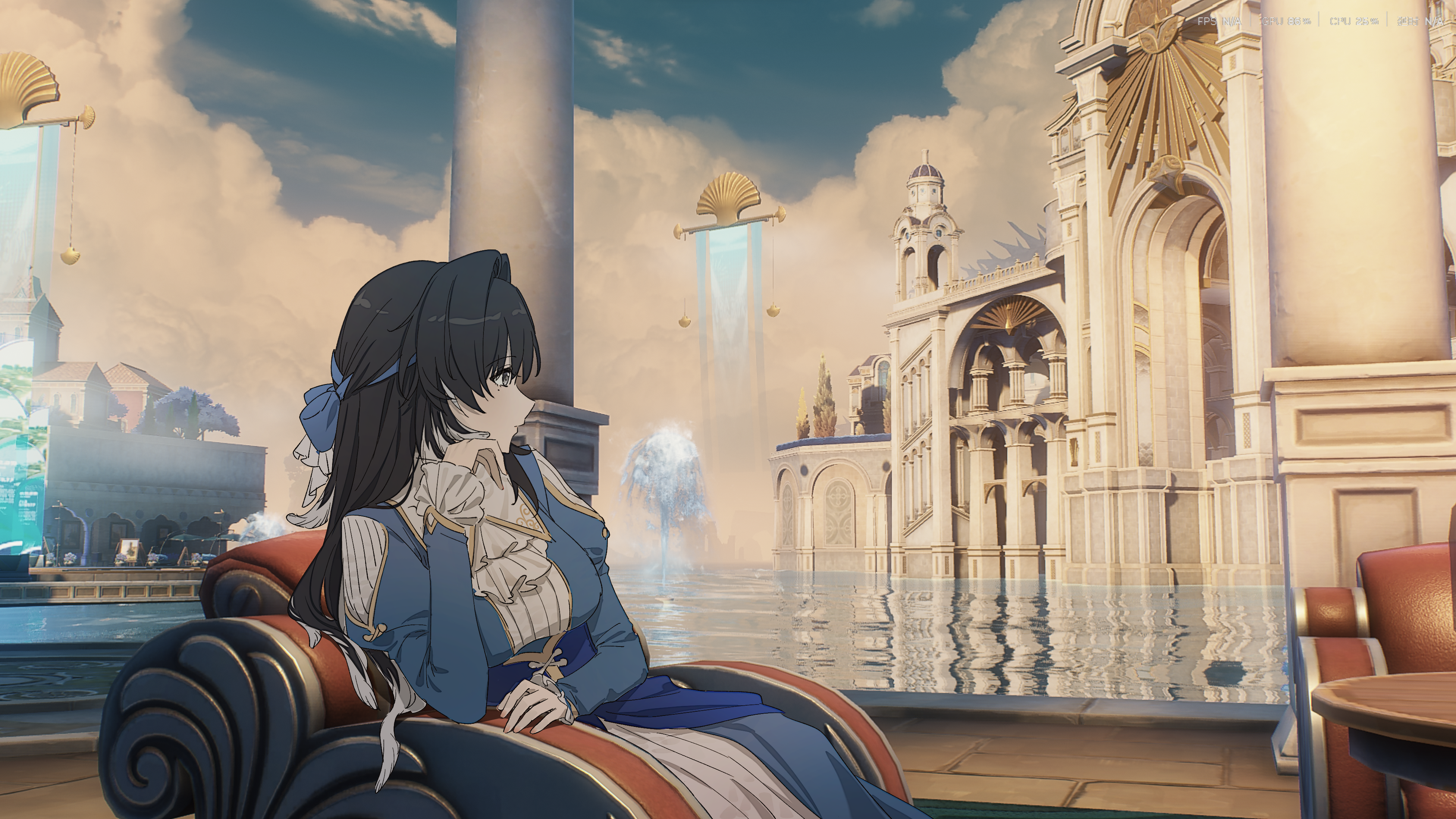 kohane kun, yangyang (wuthering waves), wuthering waves, absurdres, check clothing, chinese commentary, clothing request, commentary request, highres, 1girl, alternate costume, ascot, black eyes, black hair, blue bow, blue dress, bow, breasts, dress, evening, feather hair, from side, game screenshot background, hair bow, hand up, layered dress, long hair, looking afar, medium breasts, mole, mole under eye, screenshot background, solo, white ascot, white dress