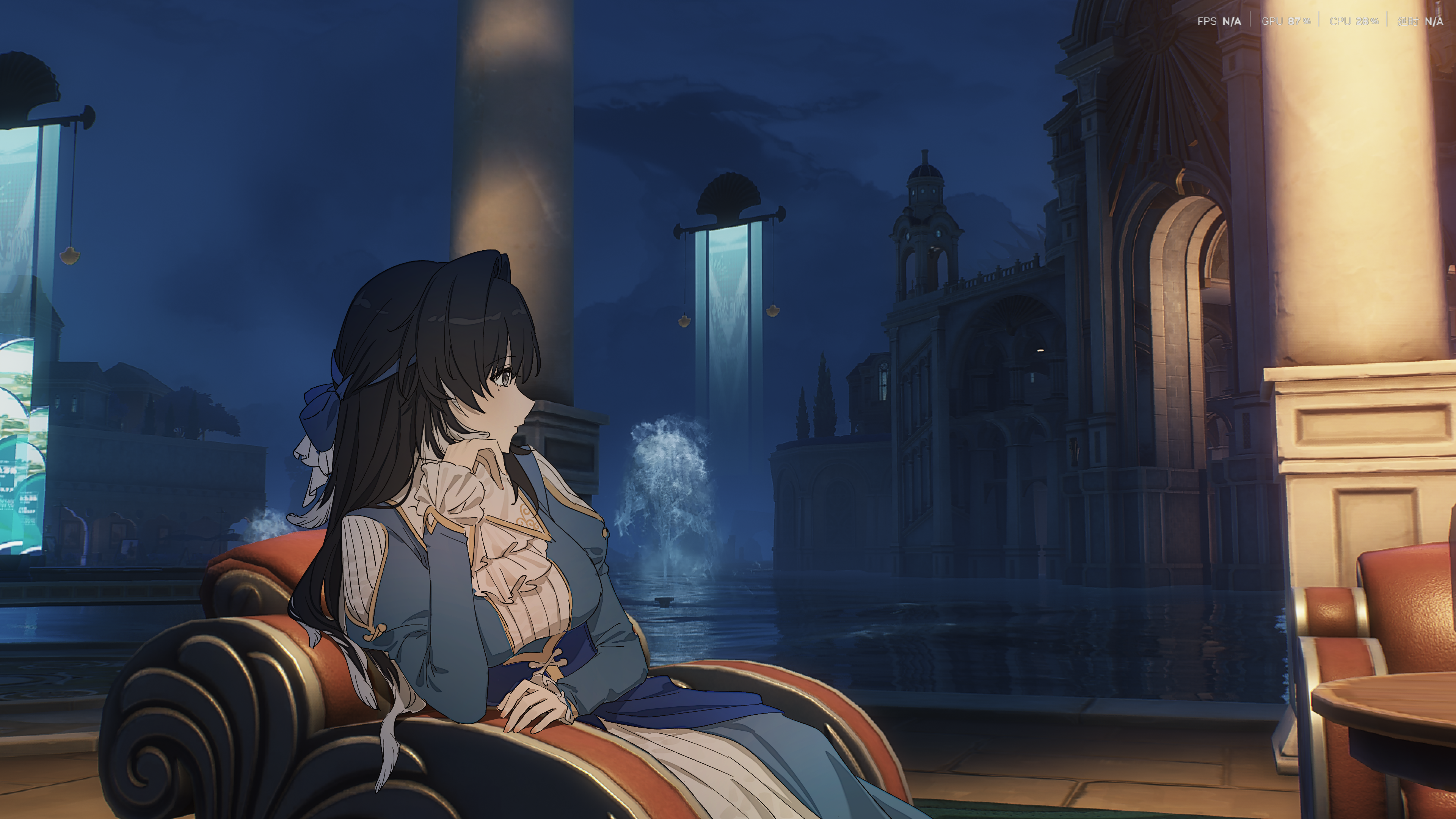 kohane kun, yangyang (wuthering waves), wuthering waves, absurdres, check clothing, chinese commentary, clothing request, commentary request, highres, 1girl, alternate costume, ascot, black eyes, black hair, blue bow, blue dress, bow, breasts, dress, feather hair, from side, game screenshot background, hair bow, hand up, layered dress, long hair, looking afar, medium breasts, mole, mole under eye, night, screenshot background, solo, white ascot, white dress