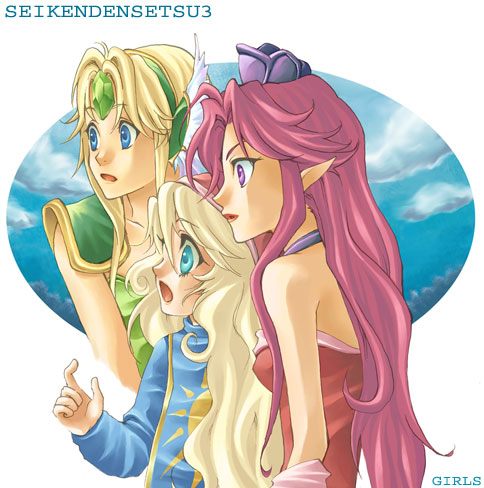 angela (seiken densetsu 3), charlotte (seiken densetsu 3), riesz, seiken densetsu, seiken densetsu 3, square enix, lowres, 3girls, blonde hair, copyright name, elf, leotard, multiple girls, pointy ears, red leotard