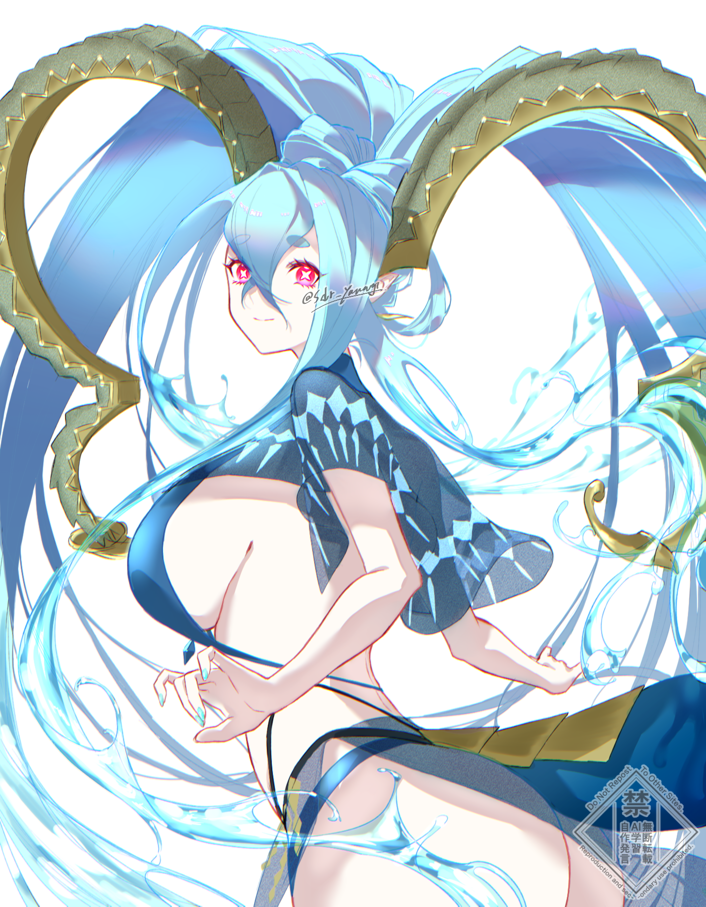 shidare yanagi, tiamat (fate), fate/grand order, fate (series), highres, 1girl, aqua hair, ass, bikini, blue bikini, braid, breasts, capelet, cleavage, curled horns, earrings, grey capelet, hair between eyes, highleg, highleg bikini, horns, jewelry, large breasts, long hair, looking at viewer, pink eyes, pointy ears, sarong, see-through clothes, sidelocks, smile, solo, swimsuit, symbol-shaped pupils, tail, tiamat (swimsuit archer) (first ascension) (fate), very long hair, water