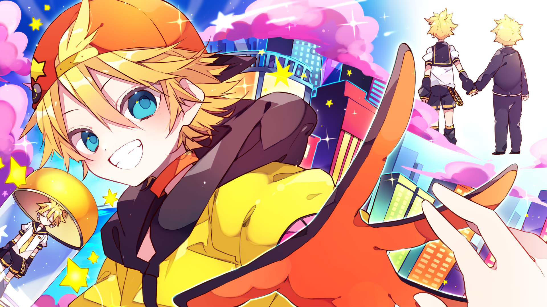 kaho 0102, kagamine len, vocaloid, commentary request, highres, 2boys, arm warmers, backwards hat, black jacket, black pants, black sailor collar, black shorts, blonde hair, blue eyes, blush, double-parted bangs, gloves, grin, hair between eyes, hat, holding hands, jacket, leg warmers, looking at viewer, male focus, multiple boys, necktie, pants, red gloves, red hat, sailor collar, shirt, short hair, short sleeves, shorts, smile, white shirt, yellow jacket, yellow necktie