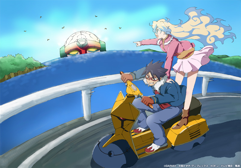 king kittan, lagann, nia teppelin, simon (ttgl), tengen toppa gurren lagann, vespa, vehicle, 00s, 1boy, 1girl, bridge, couple, gainaxtop, hetero, jacket, motor vehicle, scooter, skirt