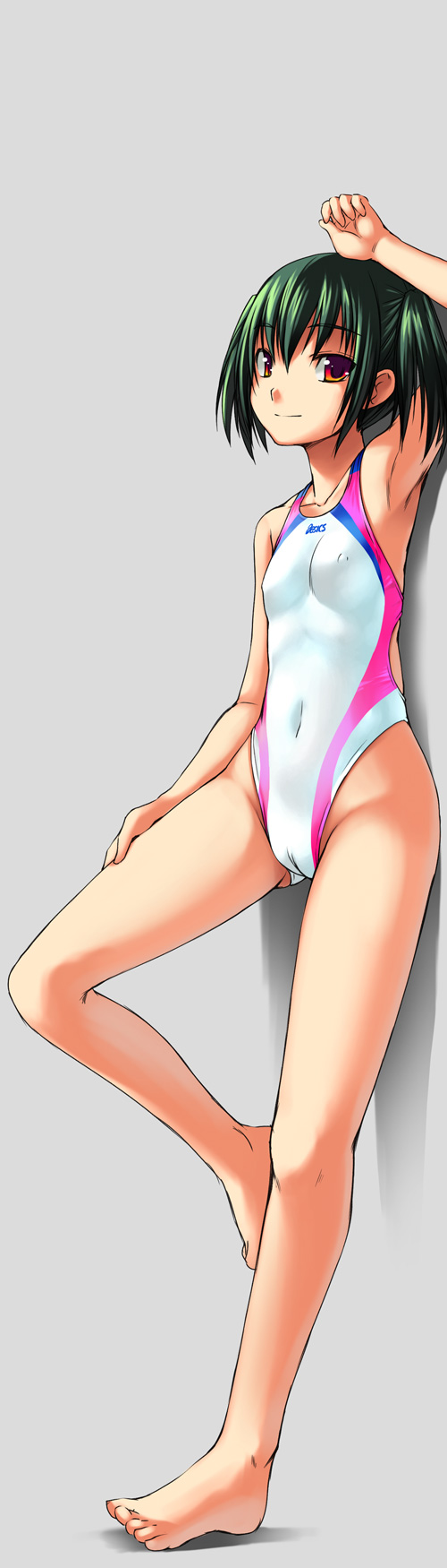 bosshi, yu (bosshi), asics, original, highres, long image, tall image, 1girl, arm up, armpits, bare legs, bare shoulders, barefoot, blush, cameltoe, collarbone, competition swimsuit, covered erect nipples, feet, female focus, flat chest, full-face blush, green hair, grey background, hair between eyes, highleg, highleg one-piece swimsuit, leaning, legs, loli, looking at viewer, one-piece swimsuit, red eyes, short hair, side ponytail, simple background, smile, solo, standing, standing on one leg, swimsuit, toes