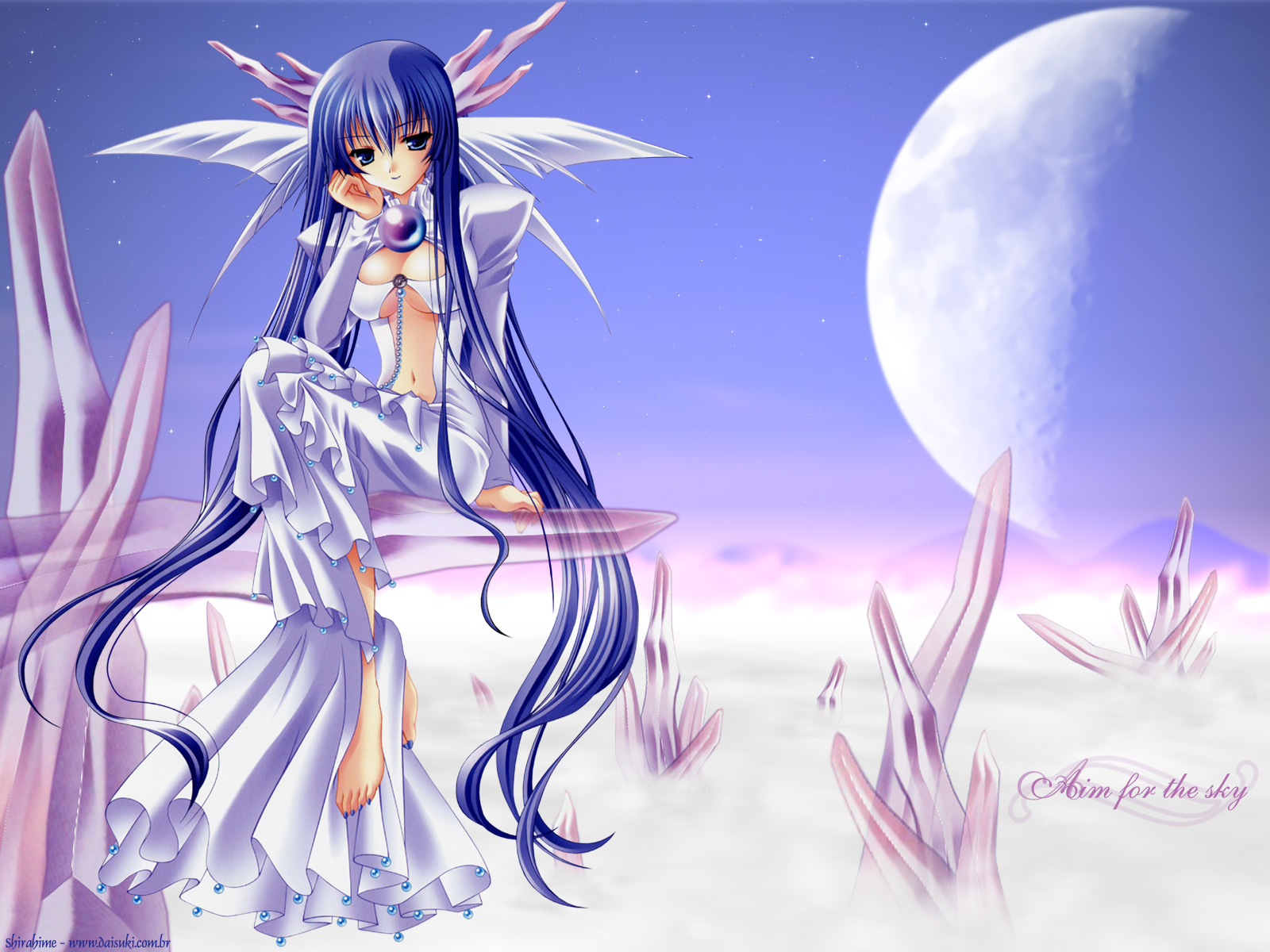 dorothea alstroemeris, moldavite, highres, 1girl, barefoot, blue eyes, blue hair, blue nails, breasts, cleavage, dress, female focus, fins, frills, gathers, hand on own cheek, hand on own face, head fins, horns, huge breasts, large breasts, long hair, matching hair/eyes, moon, nail polish, navel, sitting, sky, solo, toenail polish, toenails, very long hair, watermark