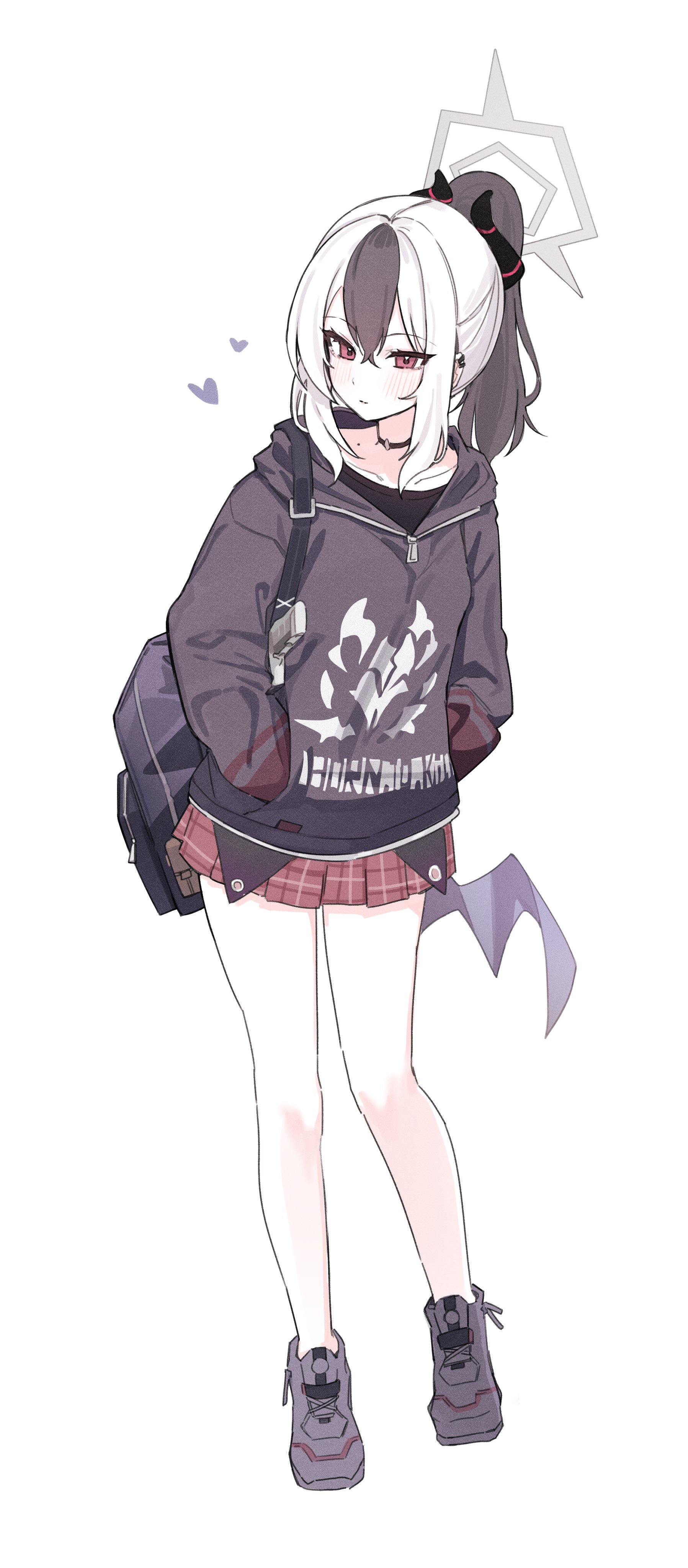 ximgyeon, kayoko (blue archive), blue archive, absurdres, highres, 1girl, black choker, black hair, choker, demon girl, demon wings, grey halo, grey hoodie, halo, hood, hoodie, multicolored hair, ponytail, purple wings, red eyes, simple background, single wing, solo, thighs, two-tone hair, white background, white hair, wings