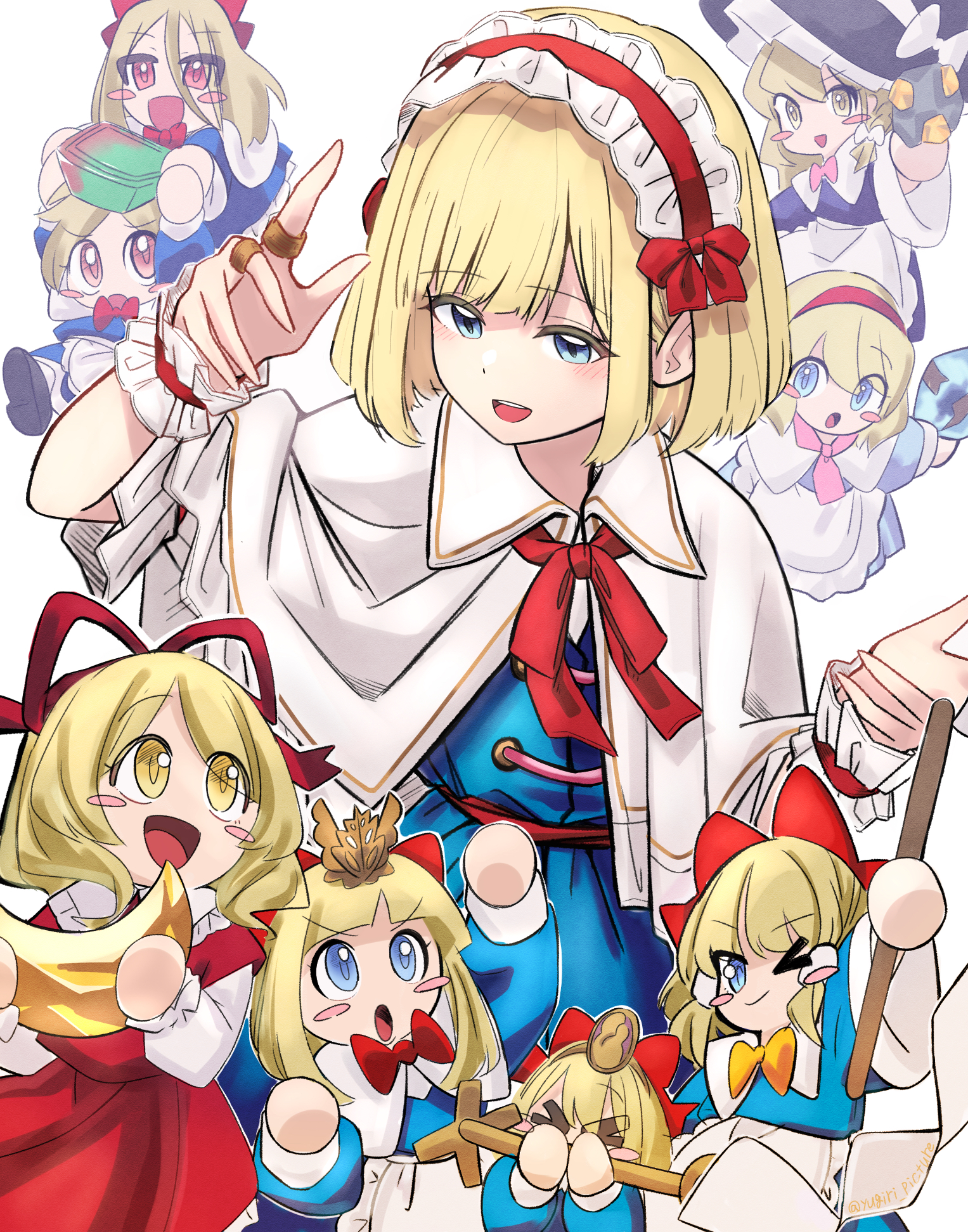 yugiri (yugiri picture), alice margatroid, shanghai doll, touhou, character request, highres, 1girl, blonde hair, blue dress, blue eyes, blush stickers, bow, bow hairband, capelet, doll, dress, frilled hairband, frills, hair bow, hairband, jewelry, open mouth, red bow, red hairband, ring, short hair, white capelet, yellow eyes