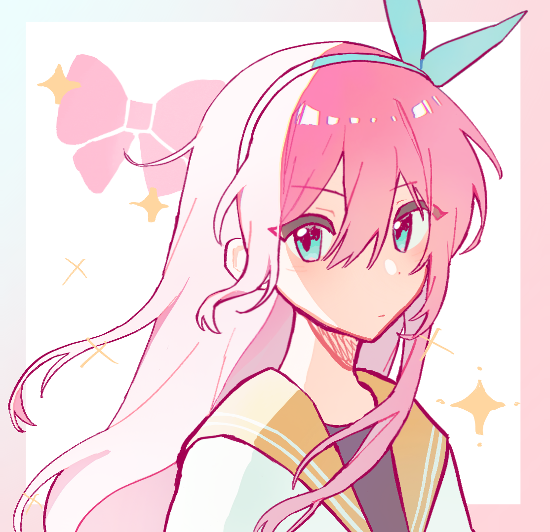hrsw mz, aubrey (faraway) (omori), aubrey (omori), omori, commentary, symbol-only commentary, 1girl, aqua eyes, backlighting, black shirt, blue border, blue hairband, border, bow, bow hairband, closed mouth, dot nose, double-parted bangs, eyes visible through hair, gradient border, hair between eyes, hairband, jacket, long hair, looking at viewer, open clothes, open jacket, outside border, pink border, pink bow, pink hair, portrait, sailor collar, shirt, simple background, solo, sparkle, v-shaped eyebrows, white background, white jacket, wind, yellow sailor collar