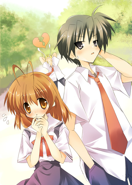 paco, furukawa nagisa, okazaki tomoya, sunohara youhei, clannad, 00s, 1girl, 2boys, antenna hair, blush, broken heart, embarrassed, heart, multiple boys