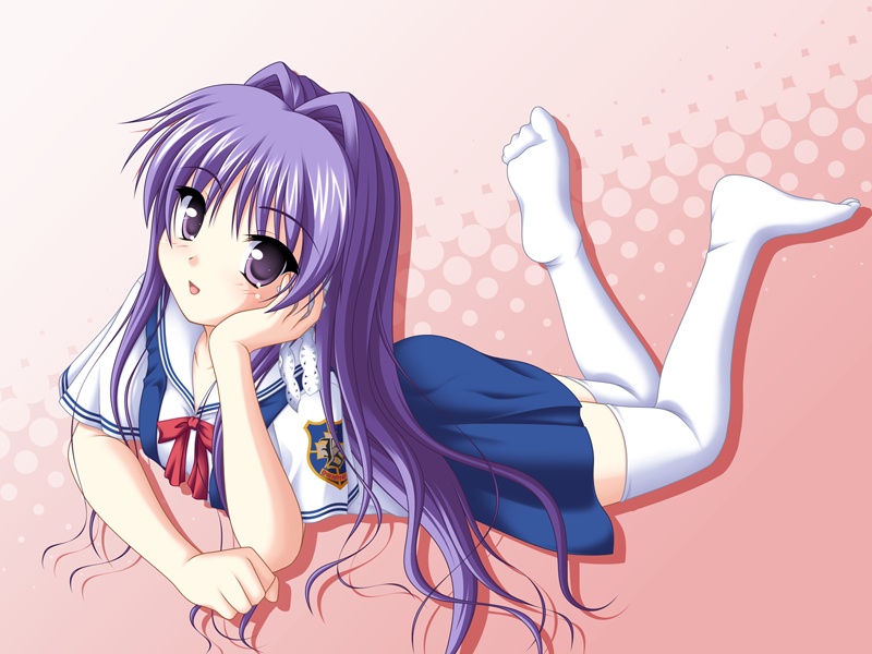 kakesu, fujibayashi kyou, clannad, 00s, feet, long hair, purple eyes, purple hair, school uniform, serafuku, socks, solo, thighhighs, zettai ryouiki