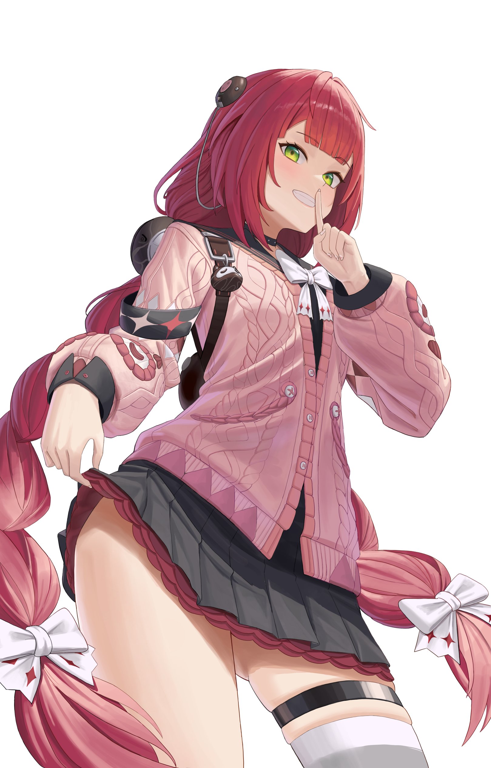 ukinami yuzuha, zenless zone zero, absurdres, highres, 1girl, black skirt, braid, clothes lift, finger to mouth, green eyes, pink shirt, pleated skirt, red hair, shirt, skirt, skirt lift, smile, solo, sweater, teeth, thighhighs, twin braids, twintails, ug 0000
