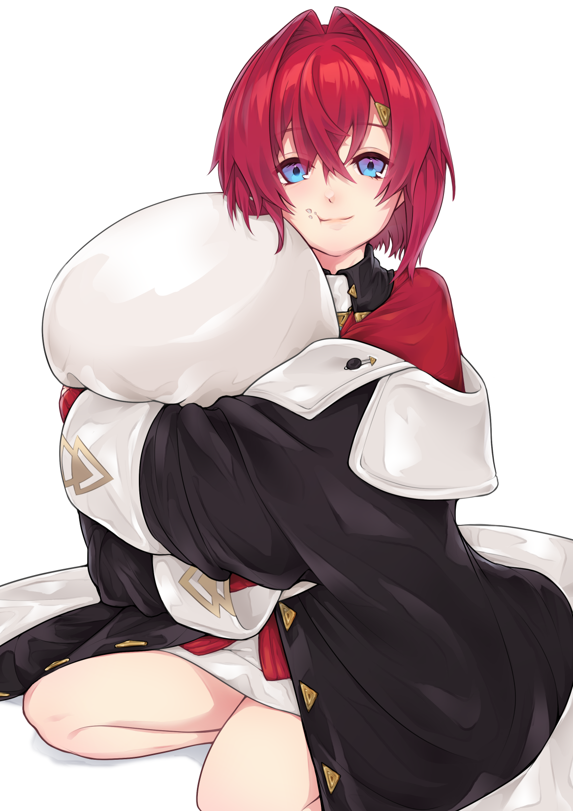 ange katrina, ange katrina (1st costume), nijisanji, commentary request, highres, 1girl, :t, bare legs, black coat, blue eyes, cardigan, cheek press, coat, crossed bangs, dress, eyelashes, food, food on face, full body, gradient eyes, hair between eyes, hair intakes, hair ornament, hugging object, lips, long bangs, looking at viewer, medium hair, multicolored eyes, off shoulder, pillow, pillow hug, purple eyes, red cardigan, red hair, seiza, short dress, simple background, sitting, smile, solo, tousaka tosaka, triangle hair ornament, virtual youtuber, white background, white dress