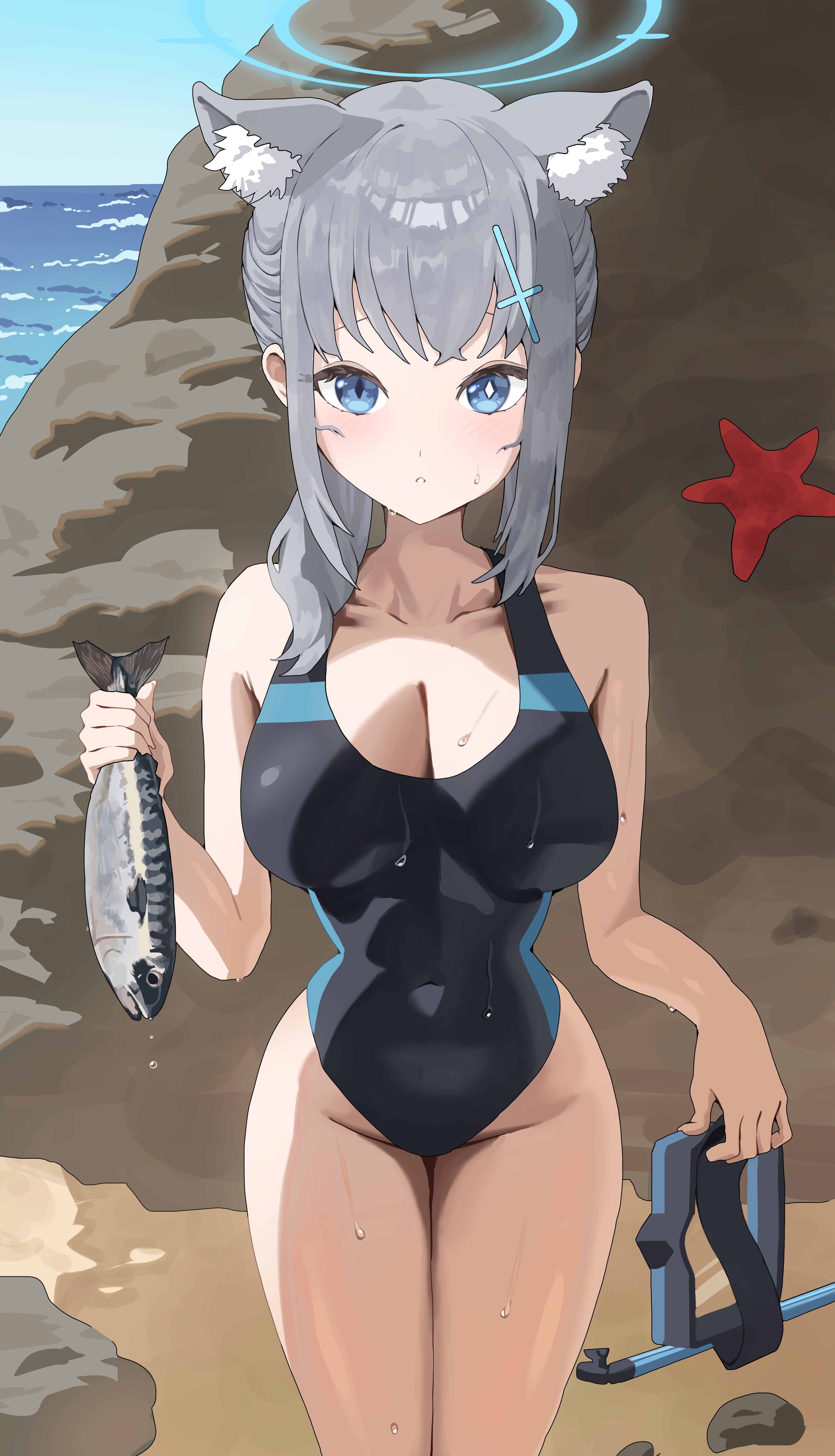 shiroko (blue archive), shiroko (swimsuit) (blue archive), blue archive, absurdres, highres, 1girl, animal, animal ear fluff, animal ears, bare arms, bare shoulders, black one-piece swimsuit, blue eyes, blue halo, blush, breasts, cleavage, cross hair ornament, fish, fishing rod, grey hair, hair ornament, halo, highleg, highleg one-piece swimsuit, holding, holding animal, holding fish, holding fishing rod, ichinisan326, large breasts, long hair, looking at viewer, official alternate costume, official alternate hairstyle, one-piece swimsuit, parted lips, ponytail, sidelocks, solo, swimsuit, wet, wolf ears, wolf girl