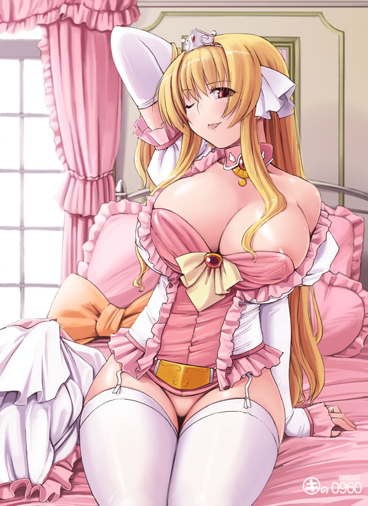 kei jiei, cecilia buruushiea, shiawase na ohimesama, 1girl, ;p, areola slip, arm up, arm warmers, bed, blonde hair, breasts, choker, cleavage, crown, curvy, elbow gloves, female focus, garter straps, gloves, hair over breasts, hat, huge breasts, jewelry, large breasts, lingerie, nipple slip, nipples, no panties, one eye closed, ring, sidelocks, sitting, solo, thighhighs, tongue, tongue out, underwear, white thighhighs, wink
