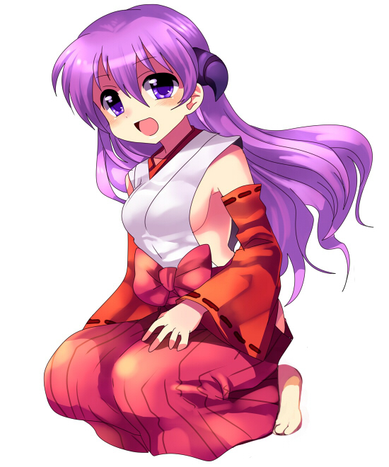 subaru (yachika), hanyuu, higurashi no naku koro ni, alternate breast size, 00s, 1girl, barefoot, breasts, female focus, hakama, hakama skirt, japanese clothes, medium breasts, red hakama, sideboob, skirt, solo