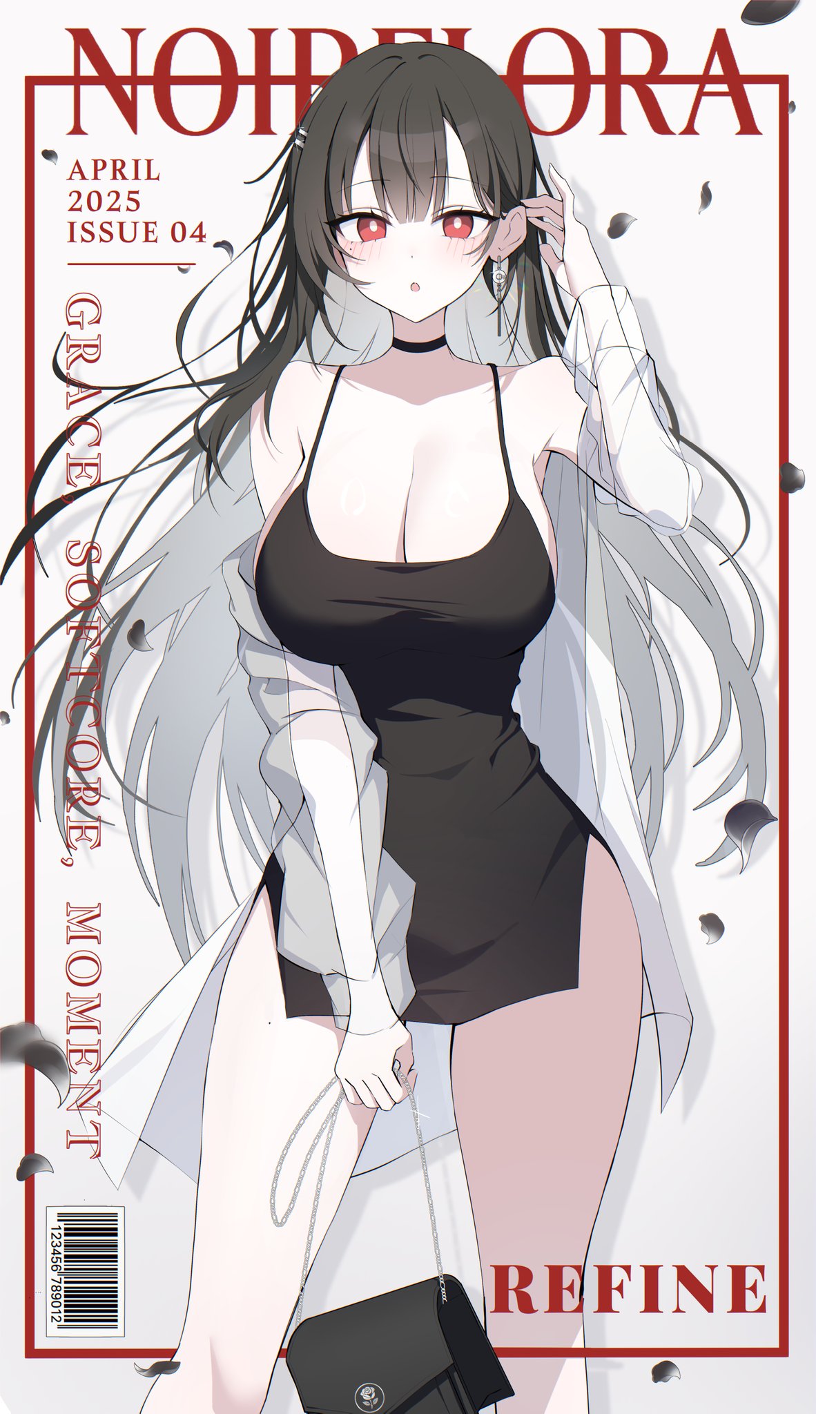 original, commission, highres, 1girl, bare shoulders, black choker, black dress, black hair, breasts, choker, cover, dress, english text, grey background, homuri works, jacket, large breasts, long hair, magazine cover, red eyes, see-through clothes, see-through jacket, solo, thighs