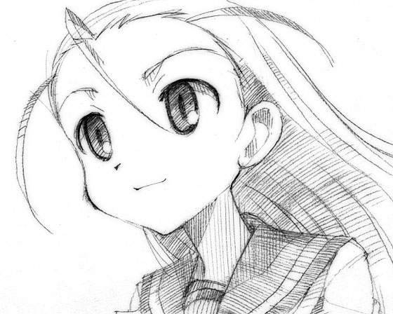gofu, elise von dietrich, sky girls, traditional media, 00s, 1girl, ahoge, female focus, from side, greyscale, light smile, long hair, looking to the side, monochrome, portrait, school uniform, serafuku, simple background, sketch, smile, solo