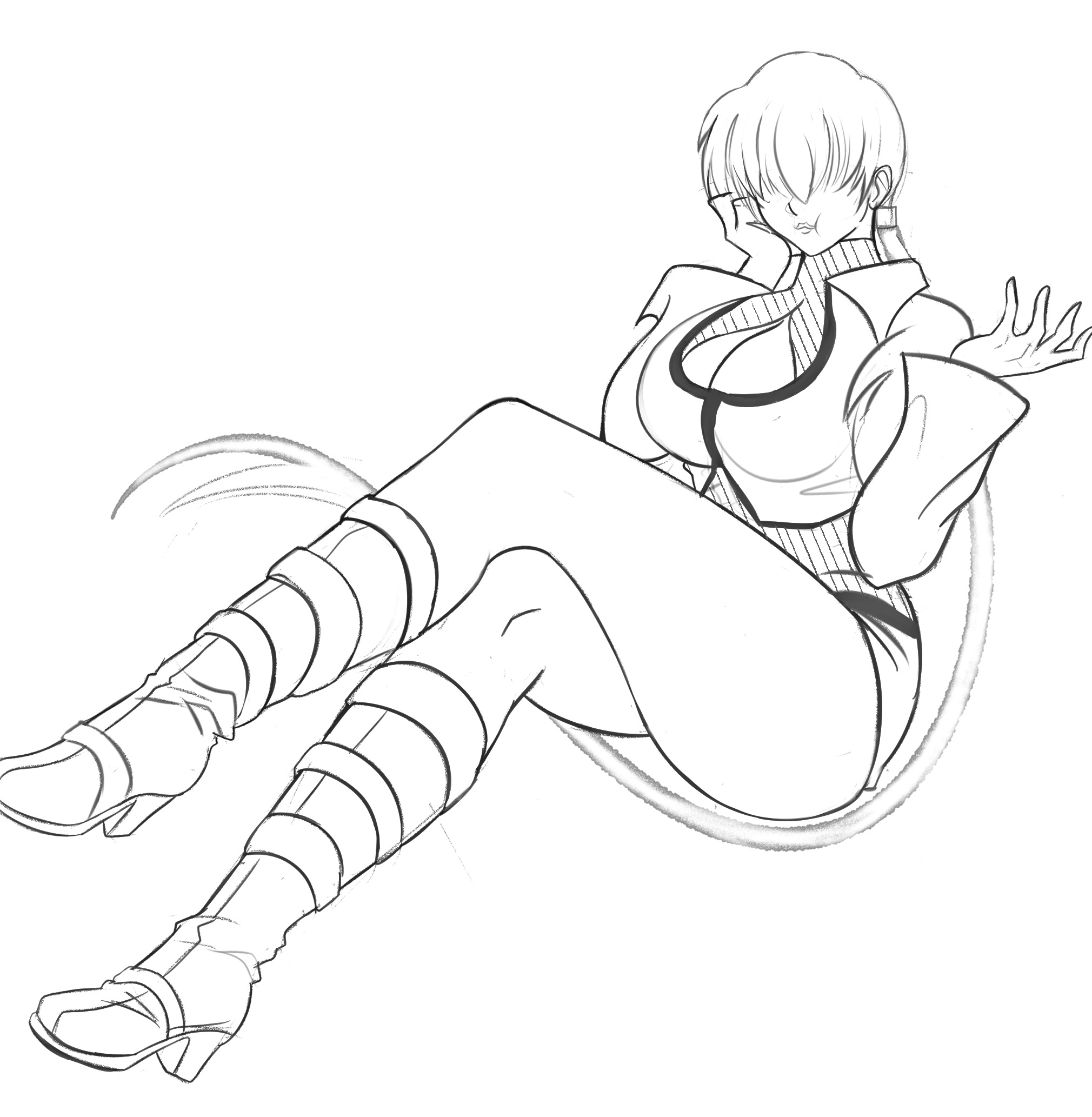 shermie (kof), the king of fighters, 1girl, boots, breasts, cleavage, cleavage cutout, clothing cutout, curvy, dress, female focus, heel up, high heels, huge breasts, jacket, large breasts, leg up, long hair, long sleeves, ponytail, skirt, thick thighs, thighs, wide hips