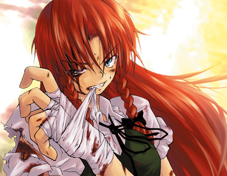 hong meiling, embodiment of scarlet devil, touhou, lowres, 1girl, blood, blue eyes, female focus, red hair, solo