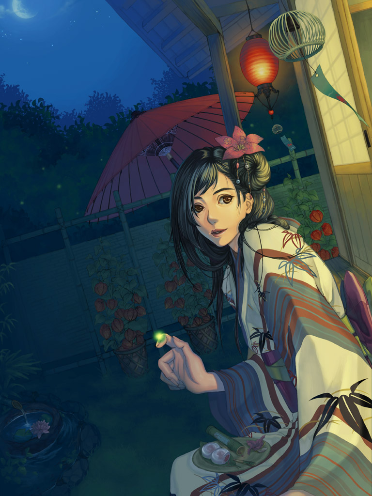 shuka (taupe), original, 1girl, black hair, brown eyes, bug, chinese lantern (plant), crescent moon, dutch angle, female focus, fireflies, firefly, flower, fountain, hair flower, hair ornament, insect, japanese clothes, kimono, lantern, lotus, magic, moon, night, night sky, oil-paper umbrella, outdoors, paper lantern, parasol, plant, potted plant, sitting, sky, solo, star (sky), umbrella, veranda, water lily flower, wind chime