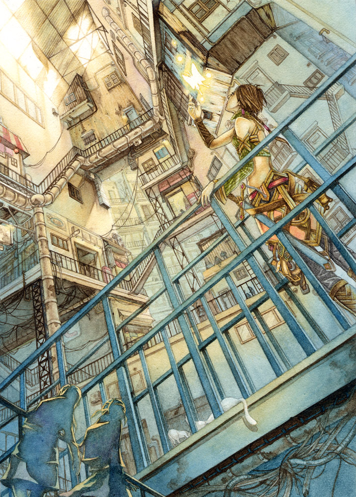 shuka (taupe), original, painting (medium), traditional media, watercolor (medium), 3girls, brown hair, bug, building, butterfly, cable, city, construction, multiple girls, scenery, solo focus, sword, weapon